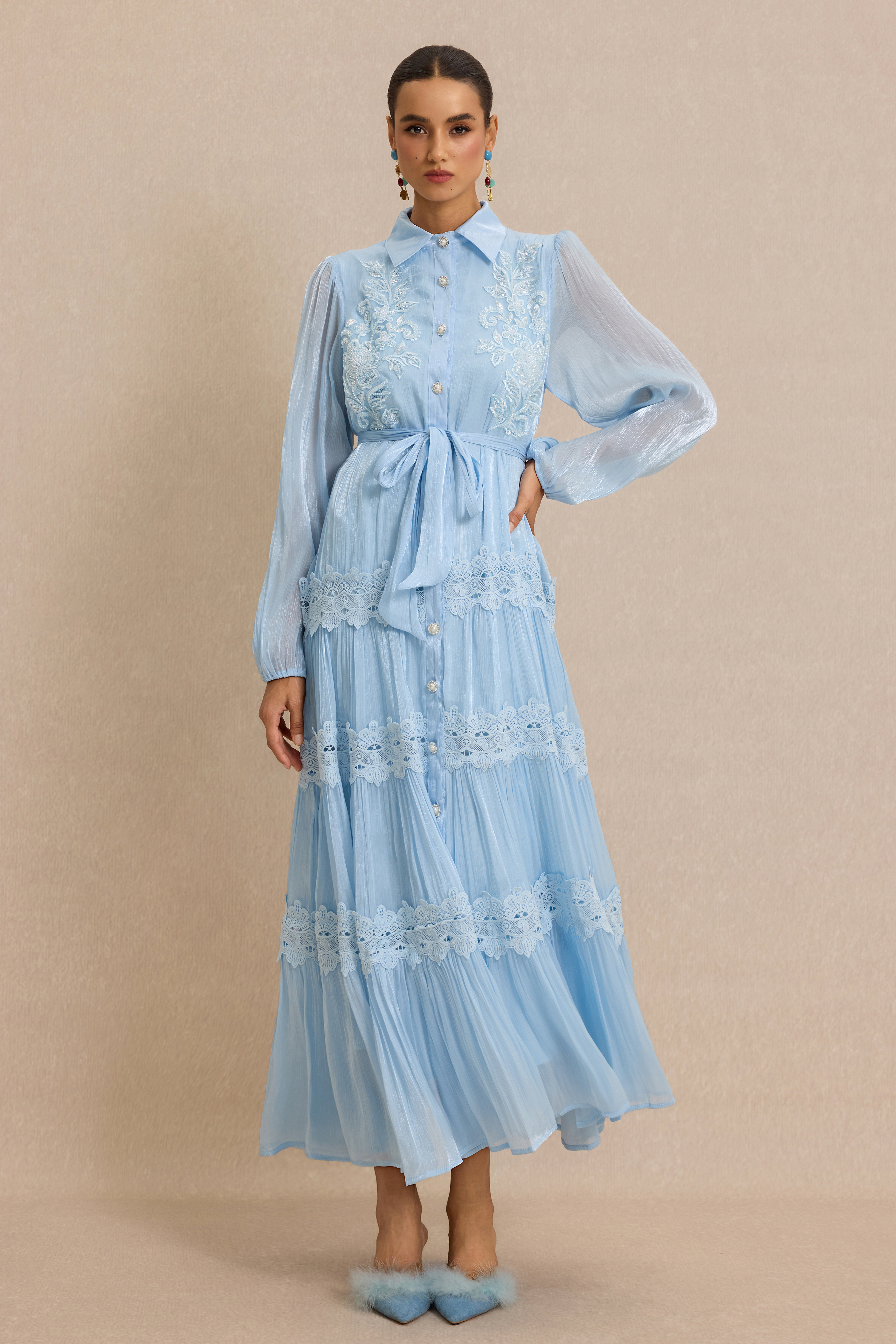 Lace Nail Bead Embroidery Shirt Collar Midi Dress