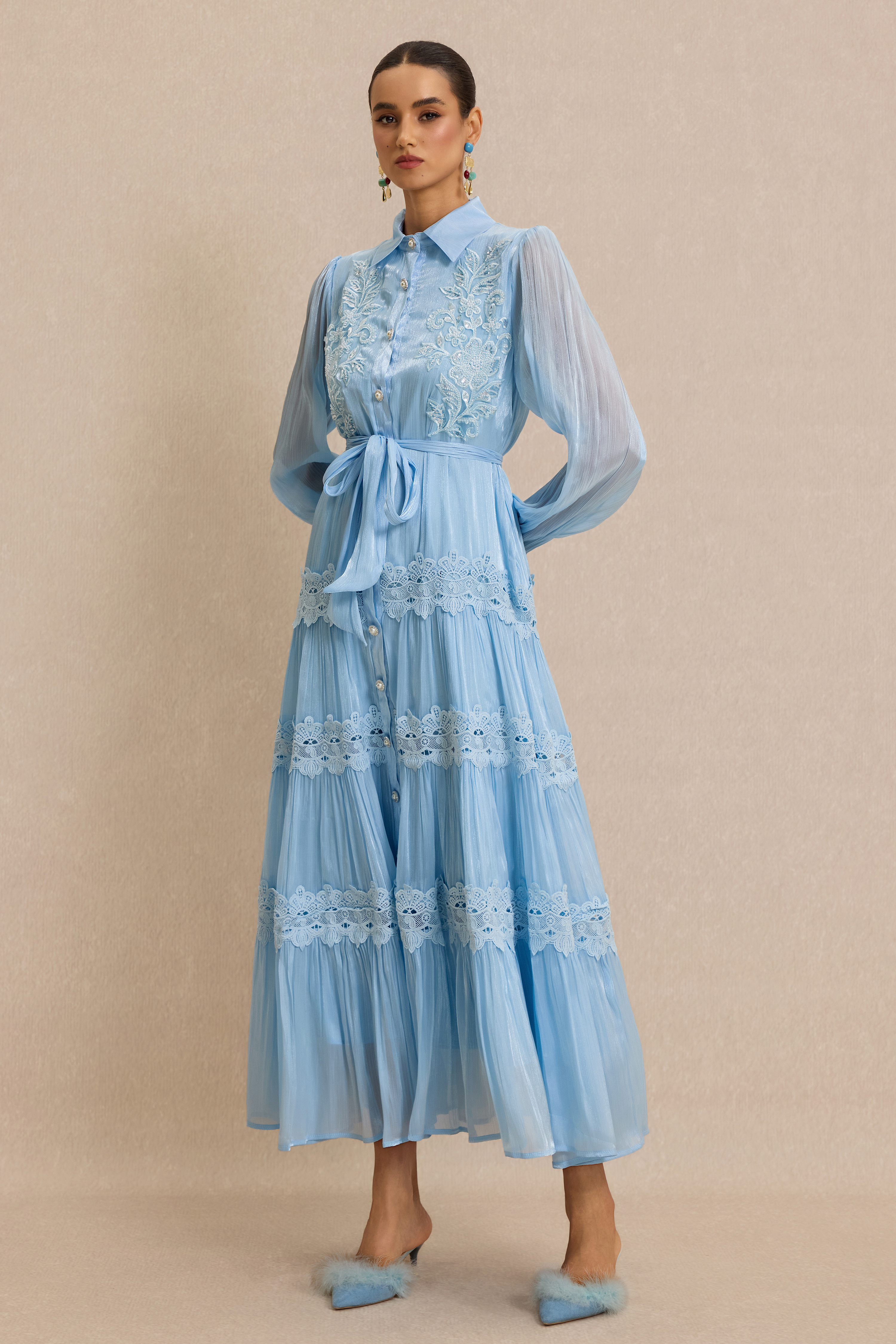 Lace Nail Bead Embroidery Shirt Collar Midi Dress