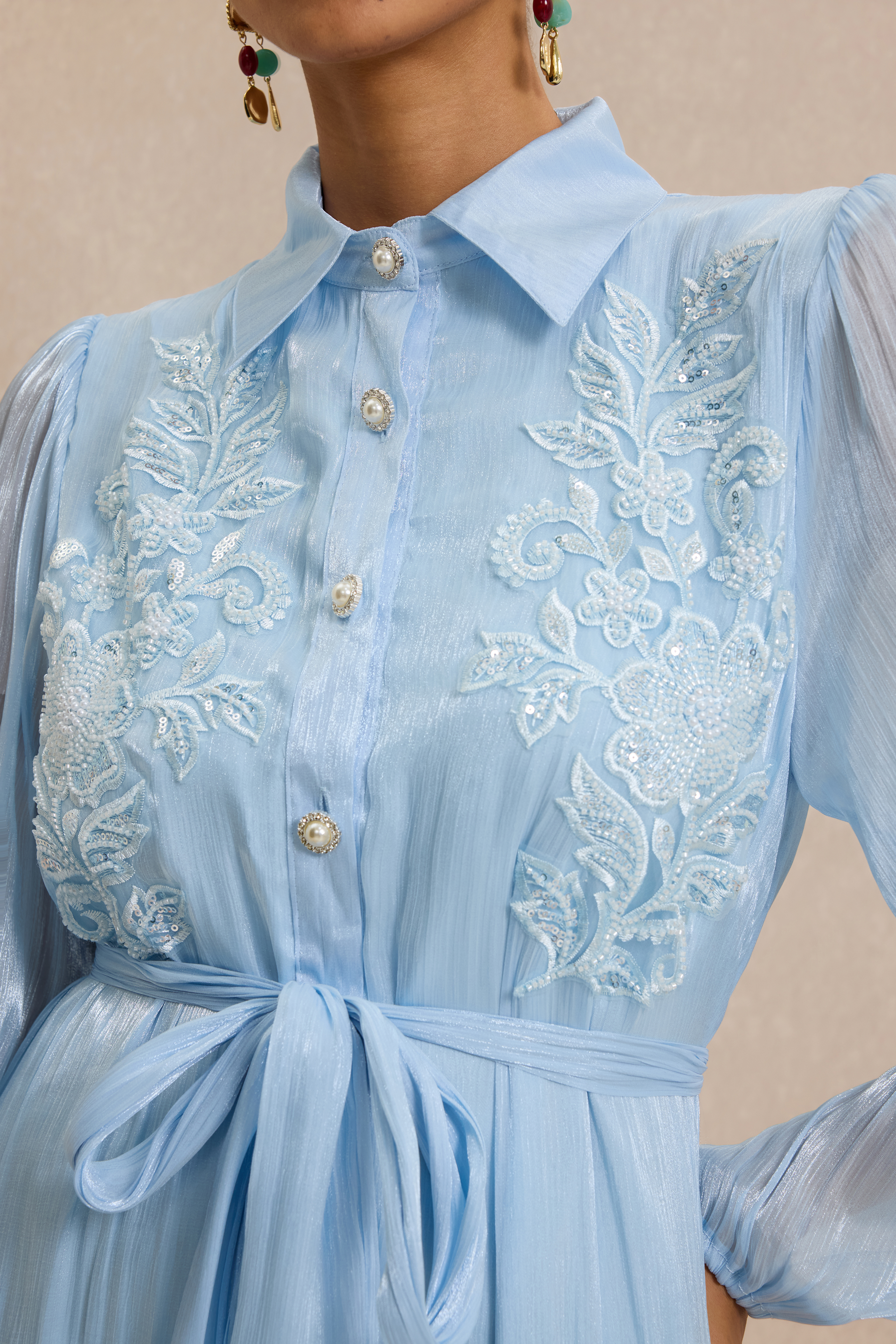 Lace Nail Bead Embroidery Shirt Collar Midi Dress – JardinVue