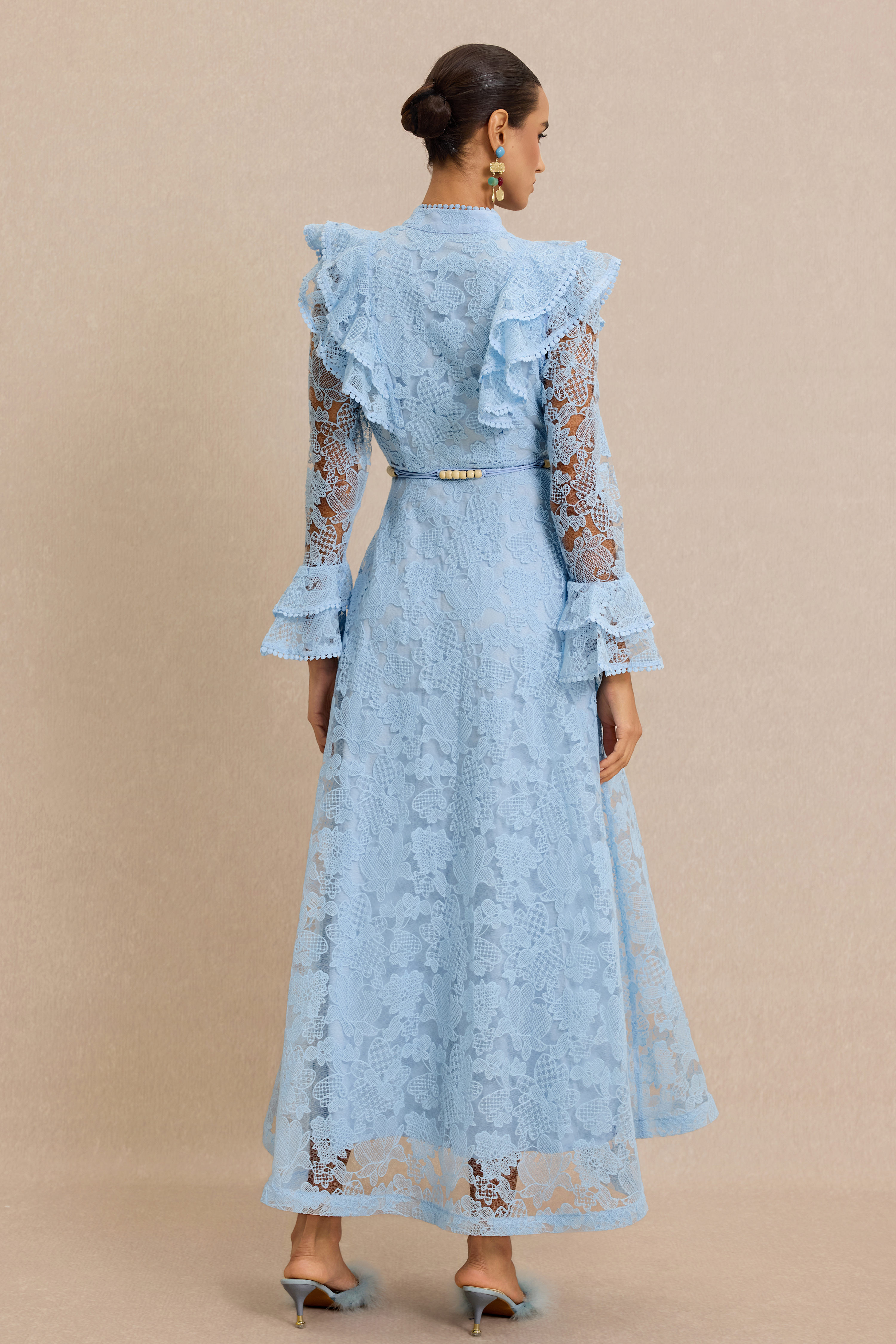 Lace Ruffle Button Maxi Dress With Belt