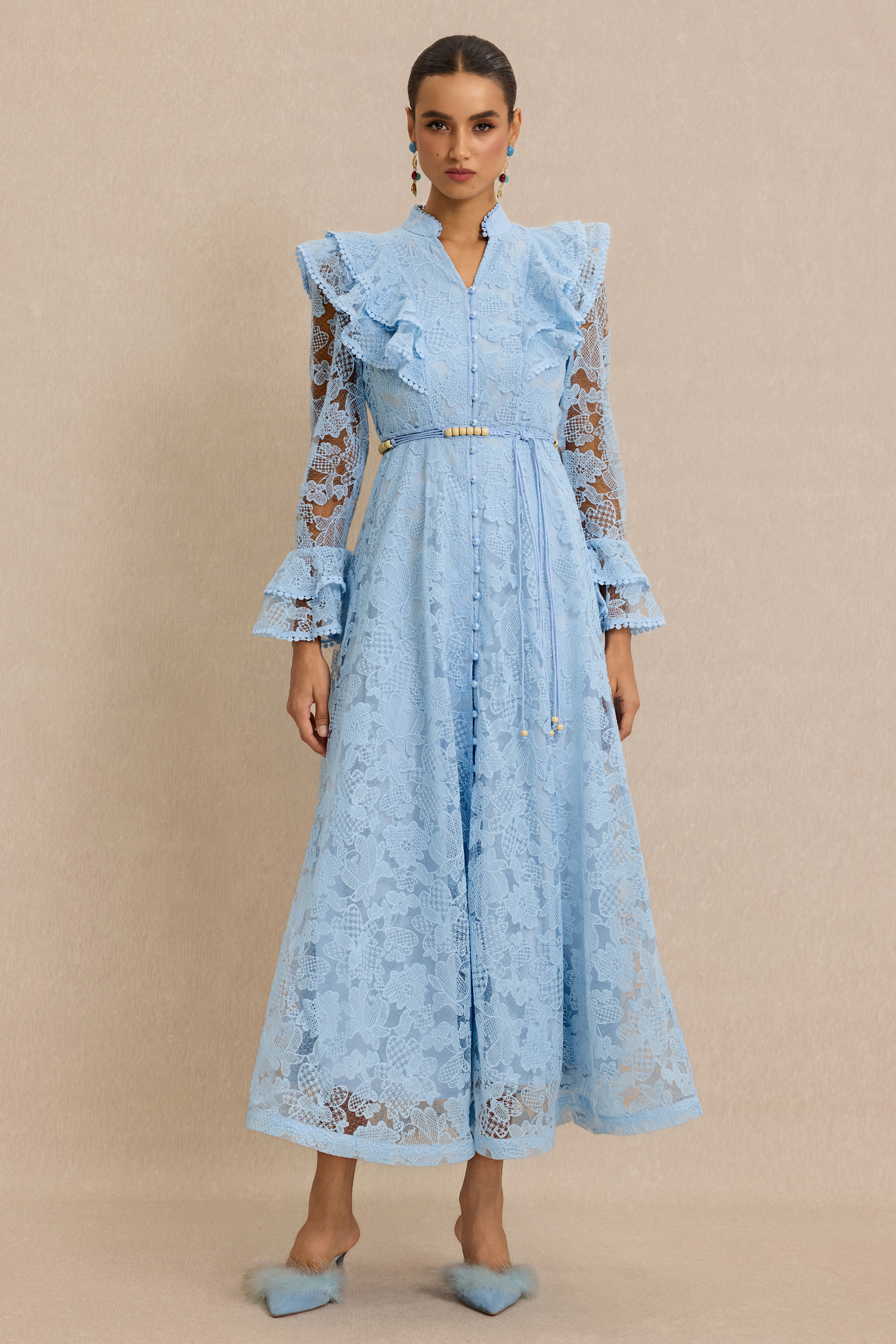 Lace Ruffle Button Maxi Dress With Belt