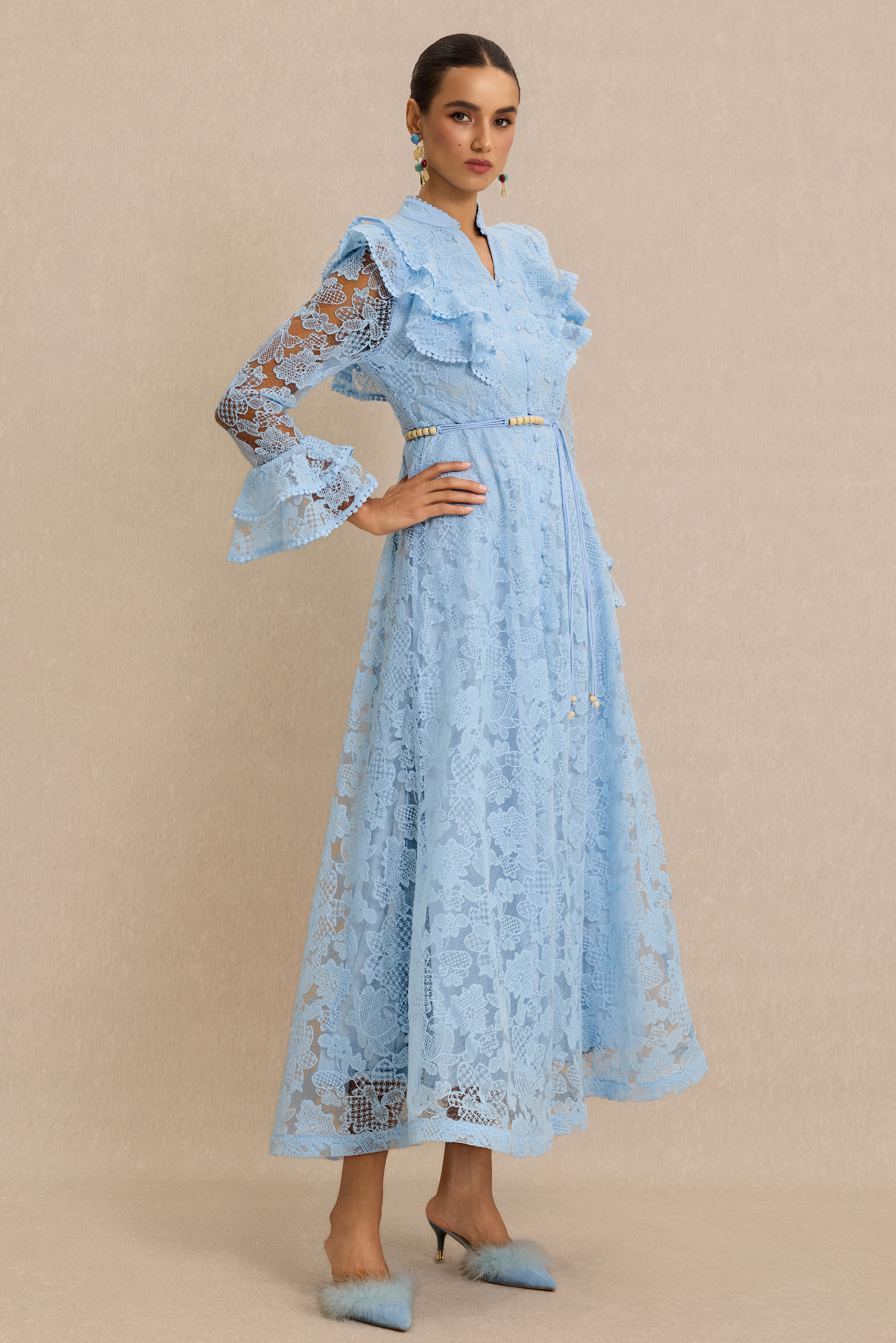 Lace Ruffle Button Maxi Dress With Belt