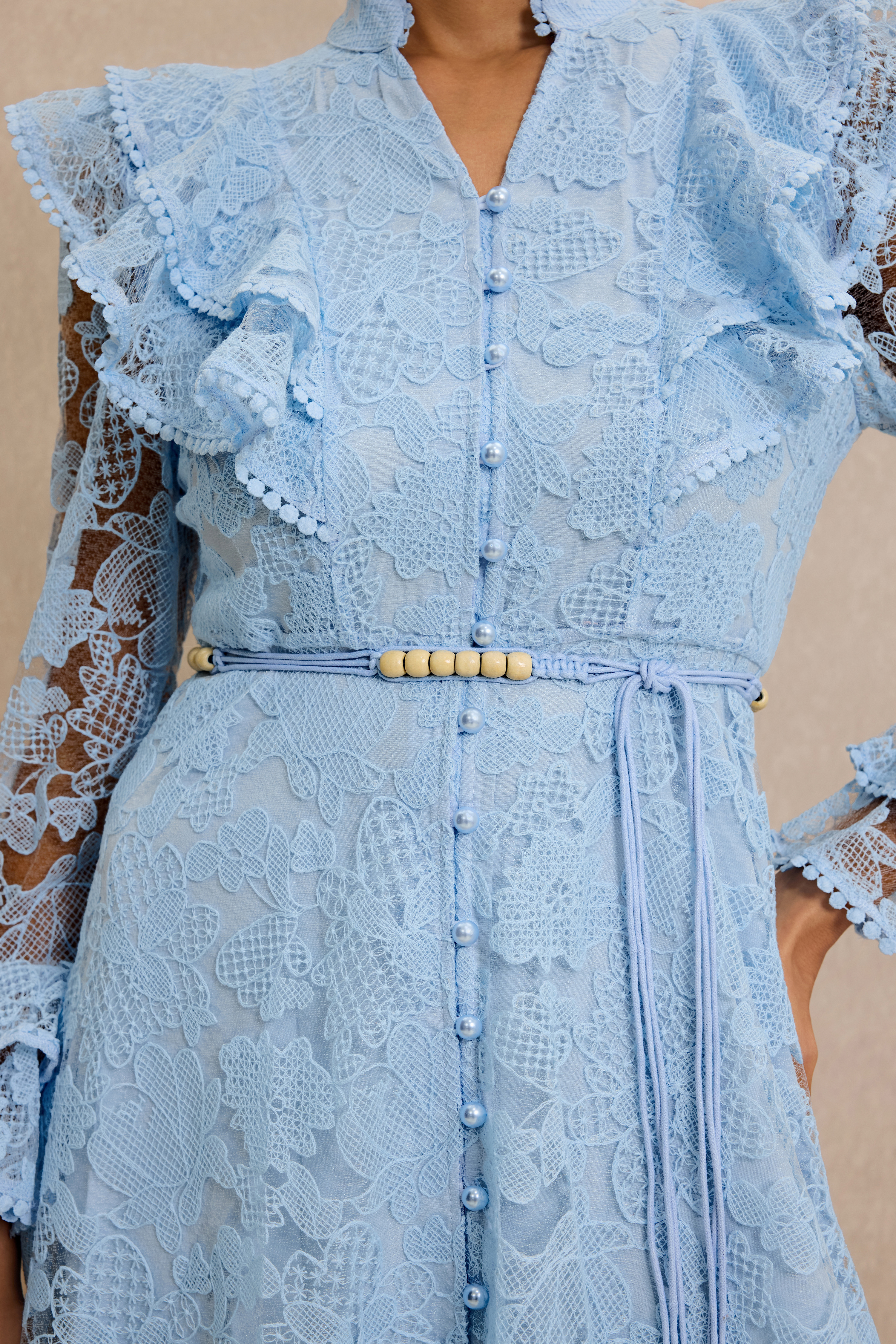 Lace Ruffle Button Maxi Dress With Belt