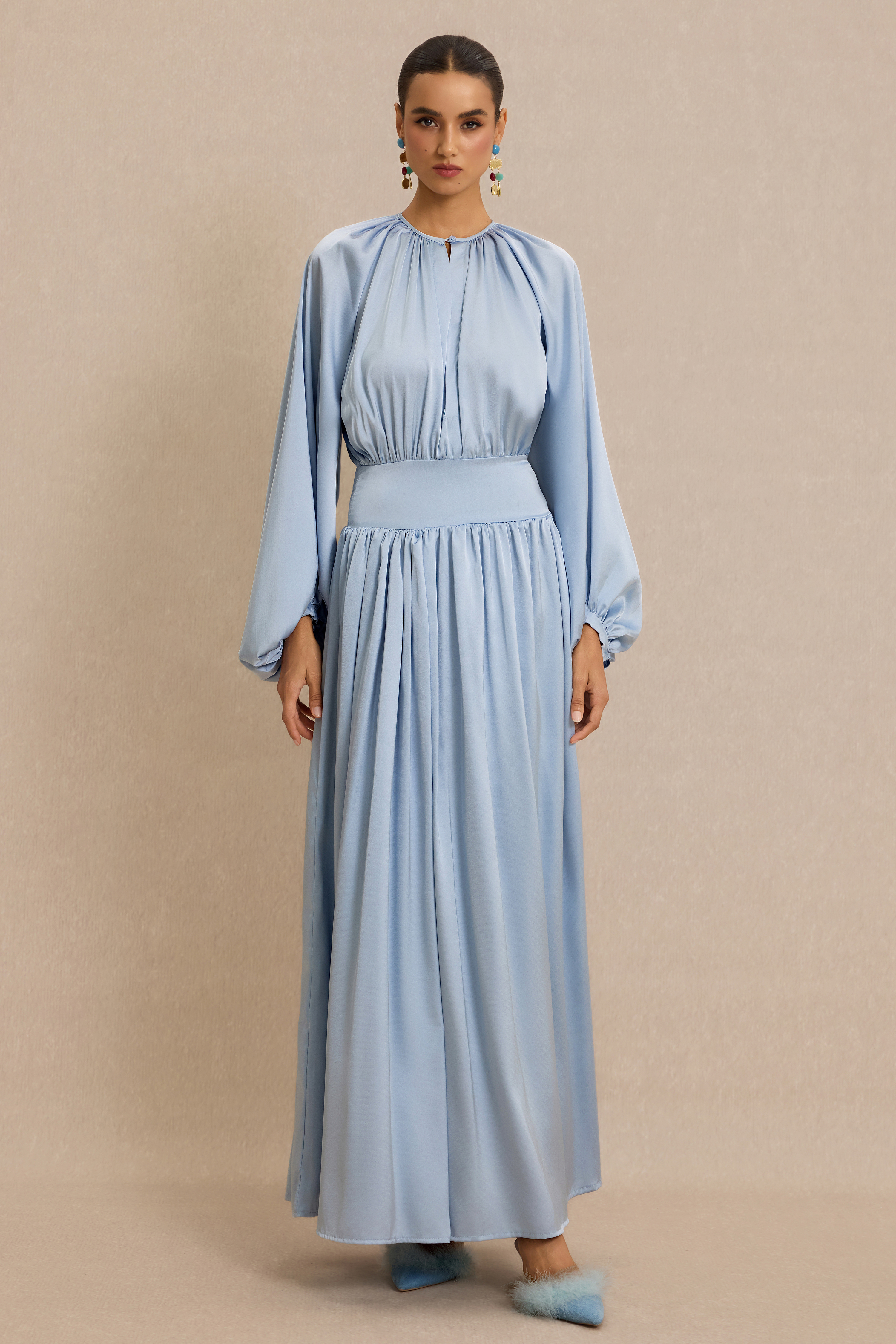 Round Neck Gathering Raglan Sleeve Midi Dress