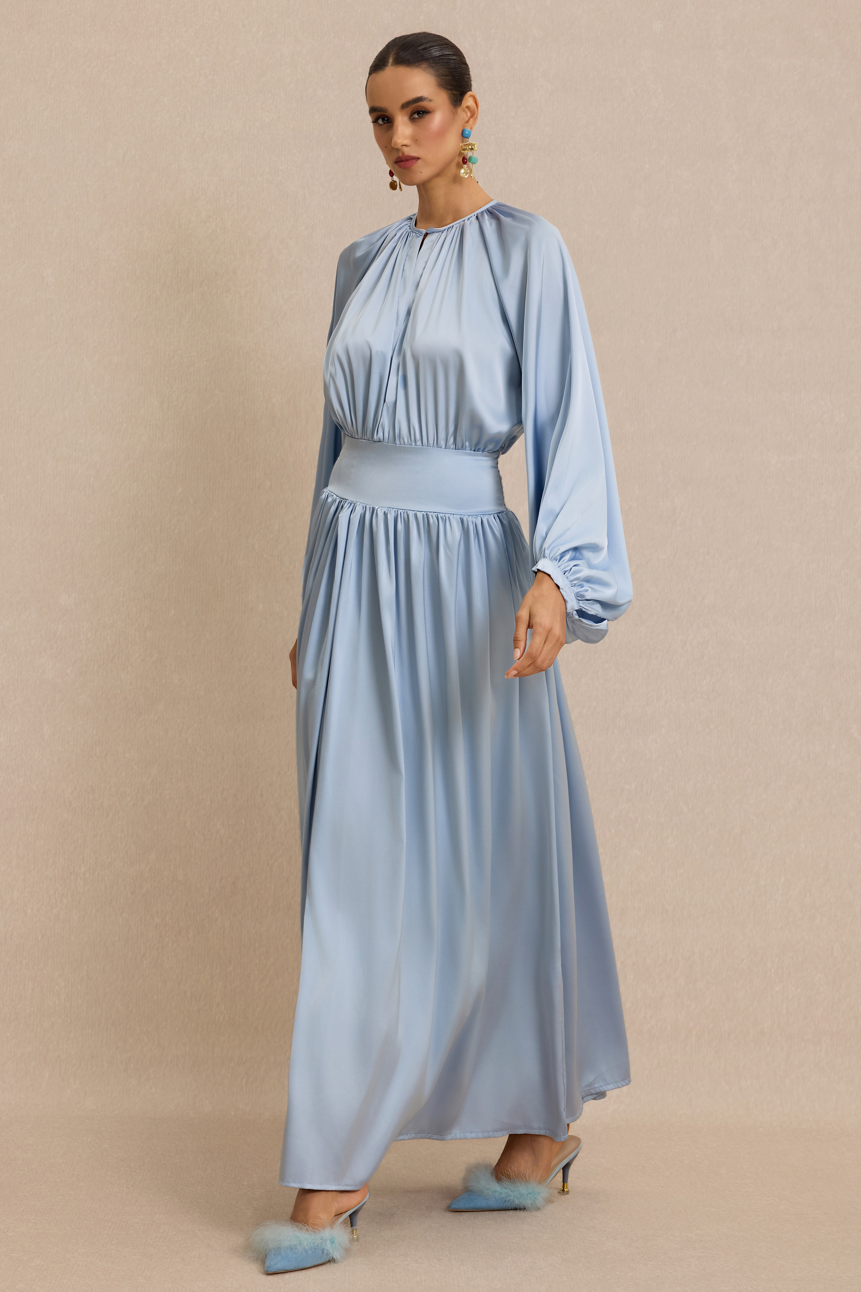 Round Neck Gathering Raglan Sleeve Midi Dress