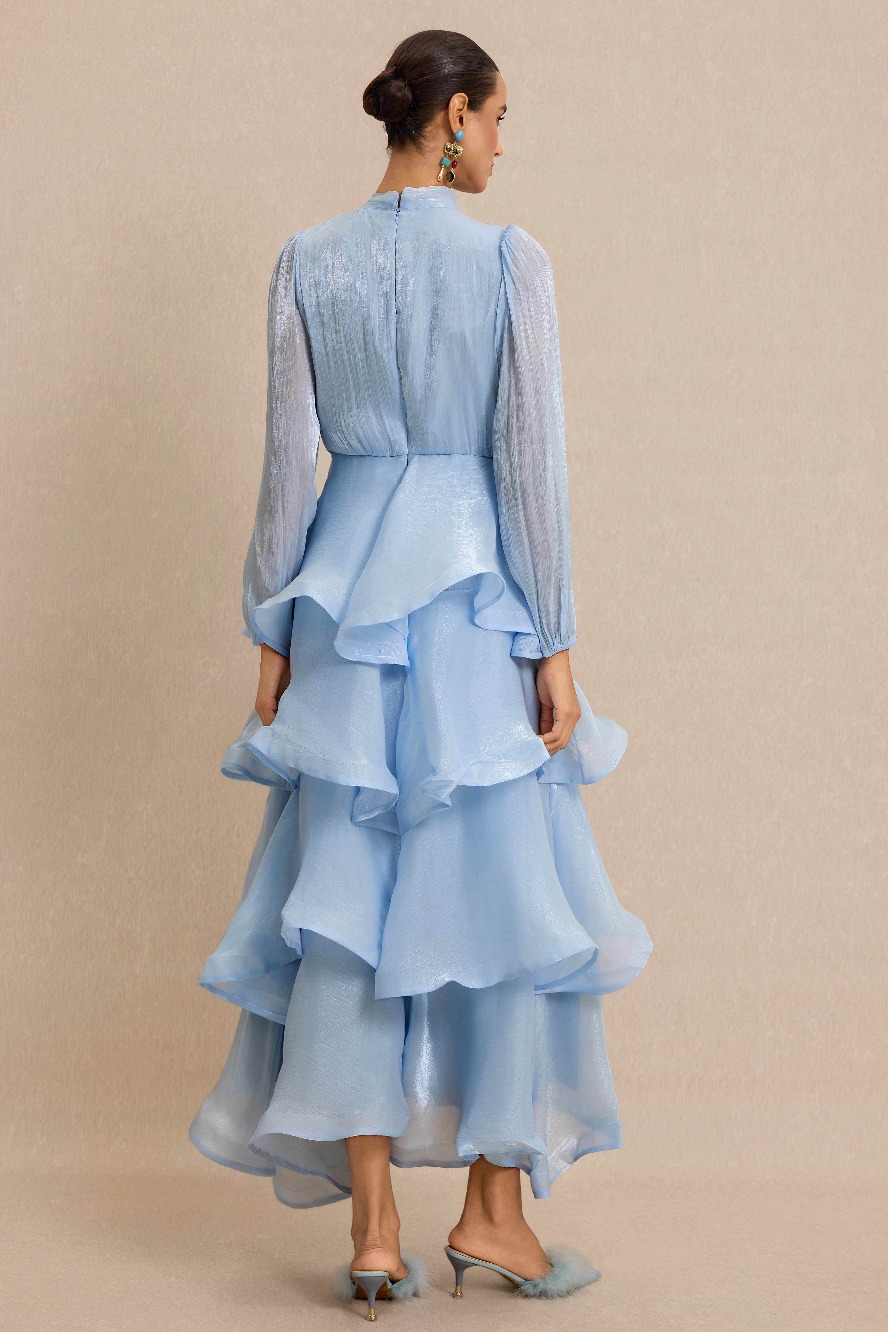 Ruffle Lantern Sleeve Lace-Up Maxi Dress