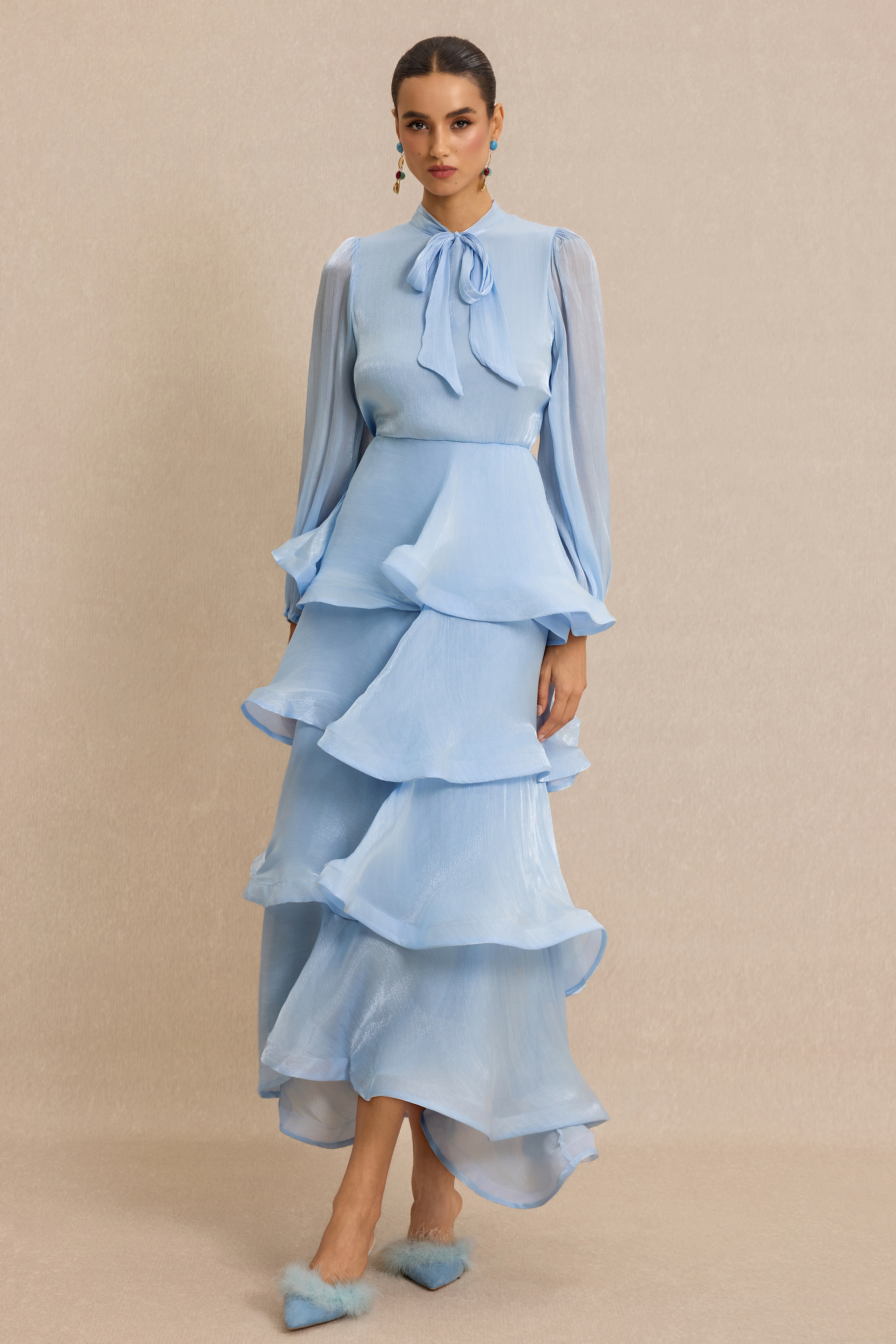 Ruffle Lantern Sleeve Lace-Up Maxi Dress