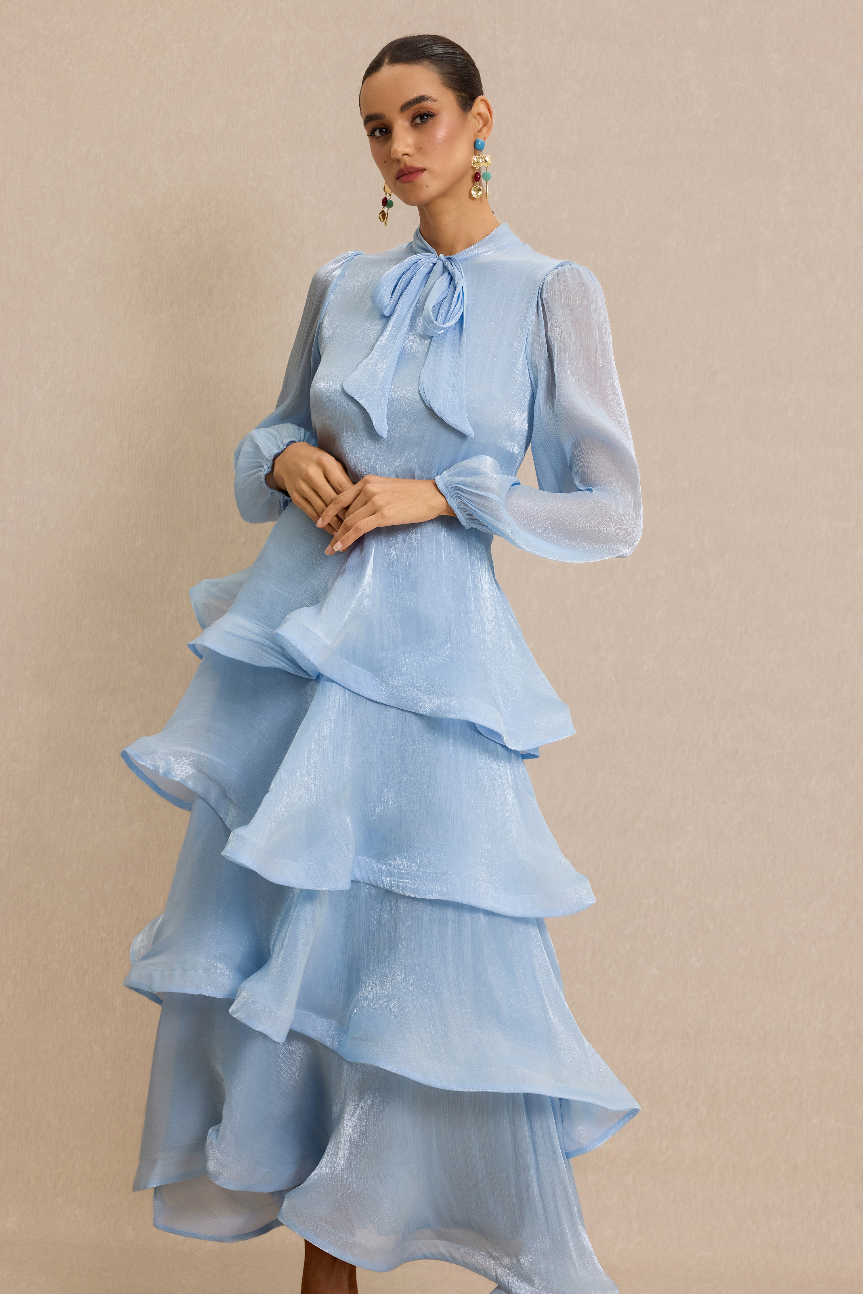 Ruffle Lantern Sleeve Lace-Up Maxi Dress