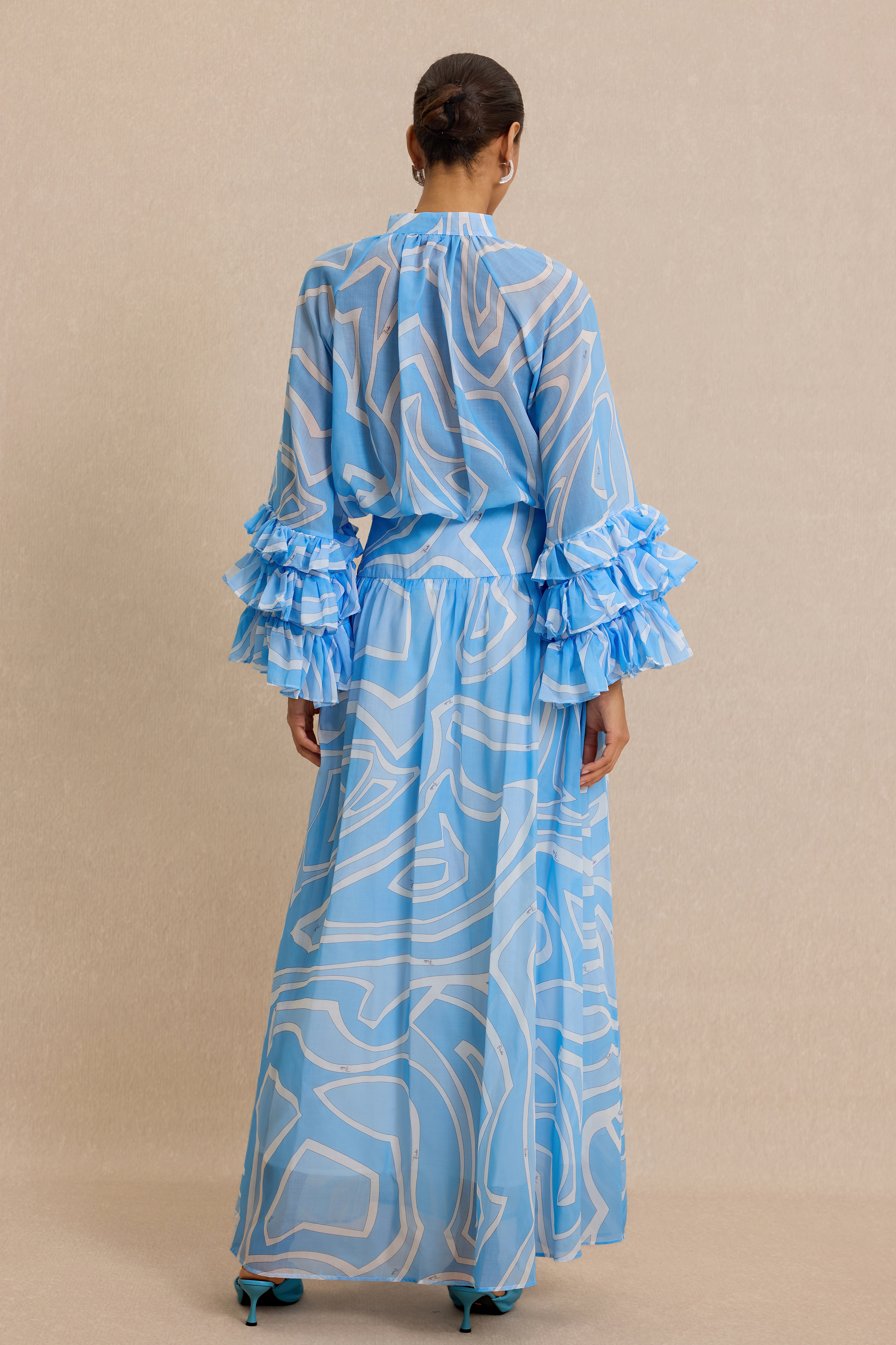 Abstract Print Frill Top & High Waist Maxi Skirt Set