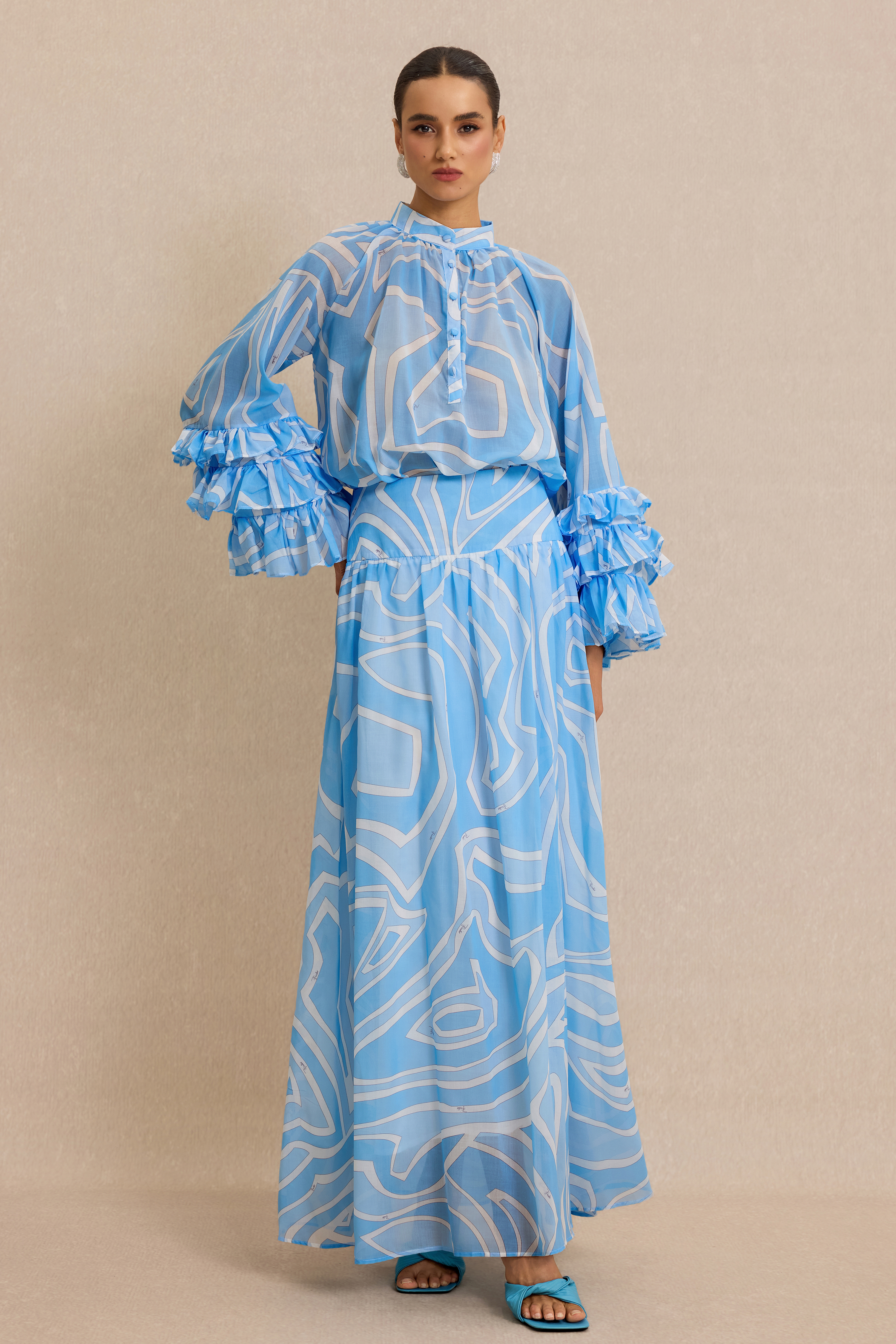 Abstract Print Frill Top & High Waist Maxi Skirt Set