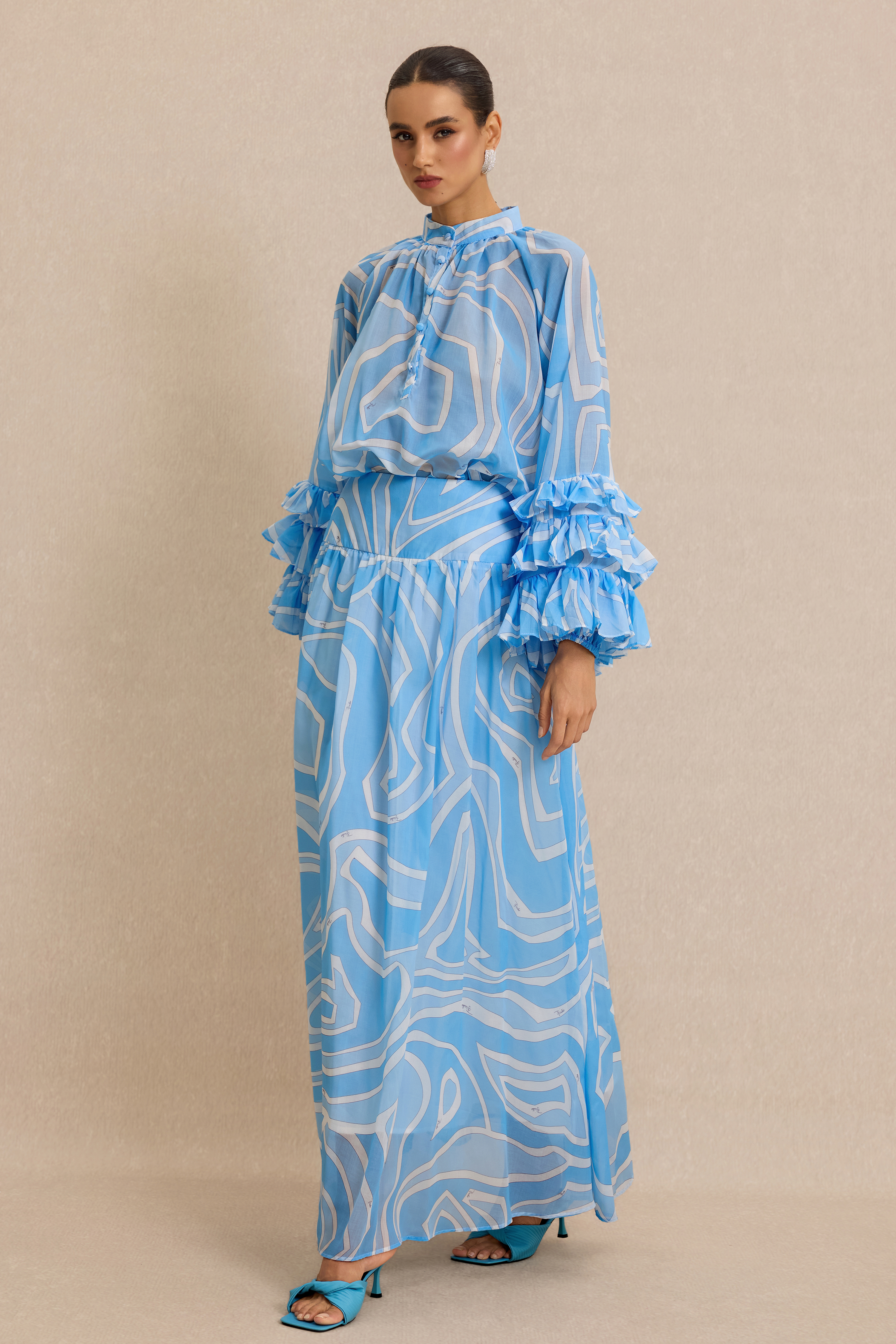 Abstract Print Frill Top & High Waist Maxi Skirt Set