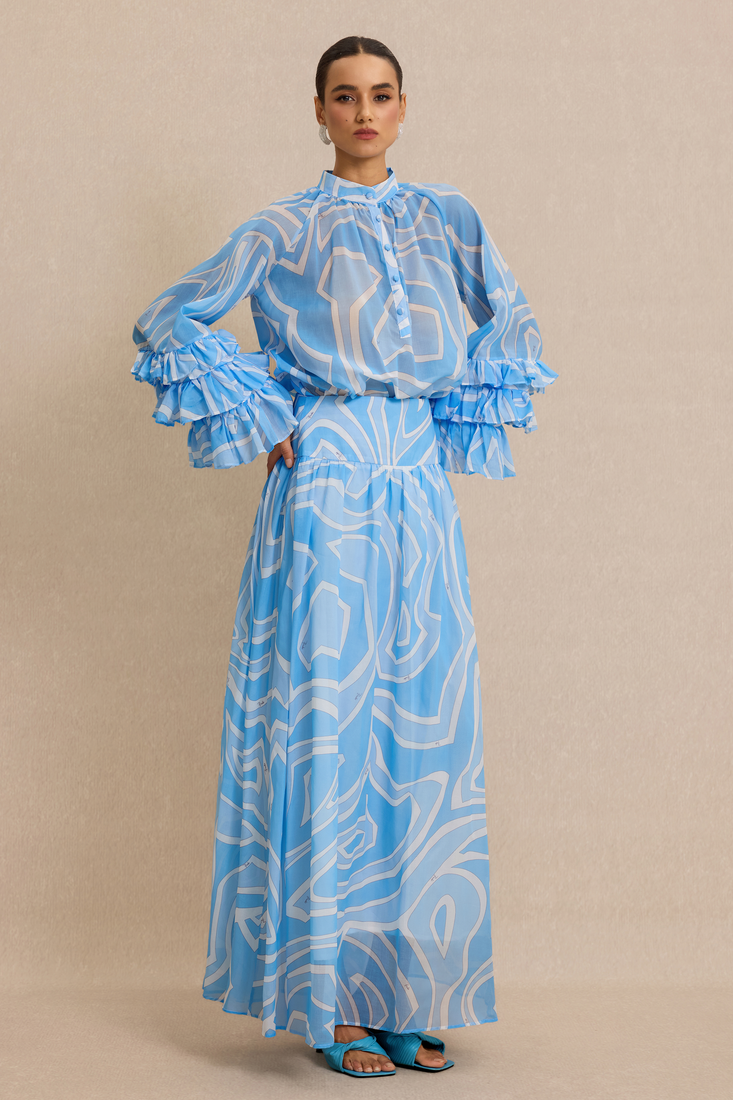 Abstract Print Frill Top & High Waist Maxi Skirt Set
