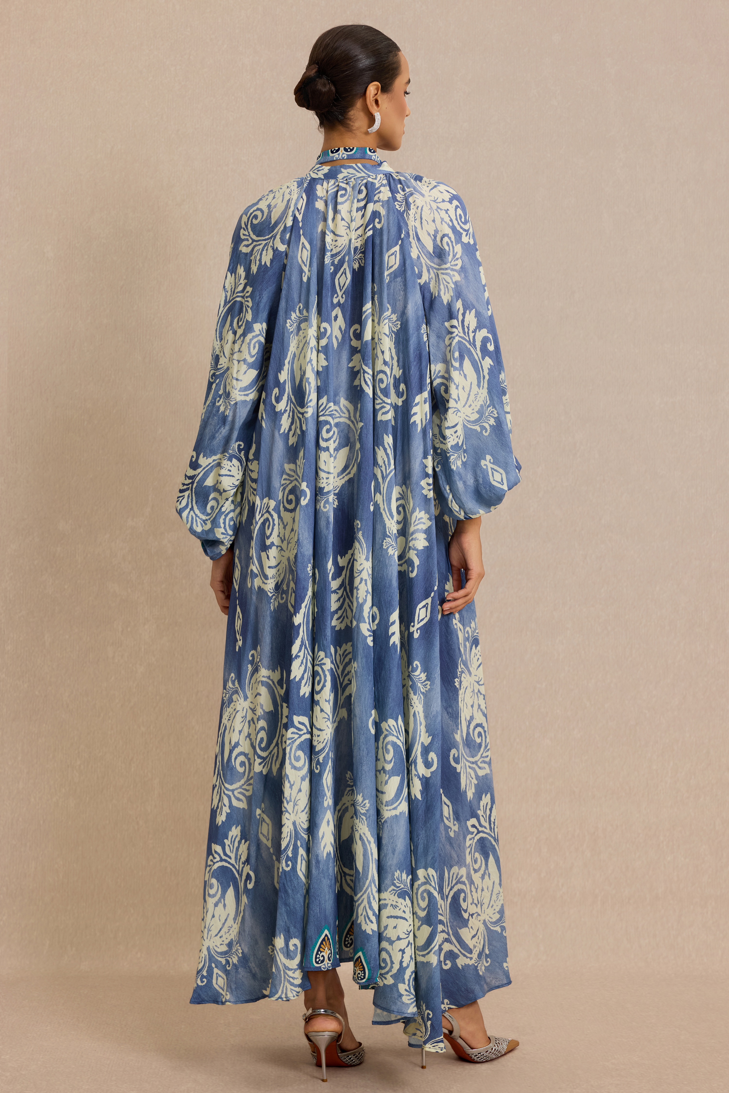 Paisley Print Lace-Up Lantern Sleeve Midi Dress
