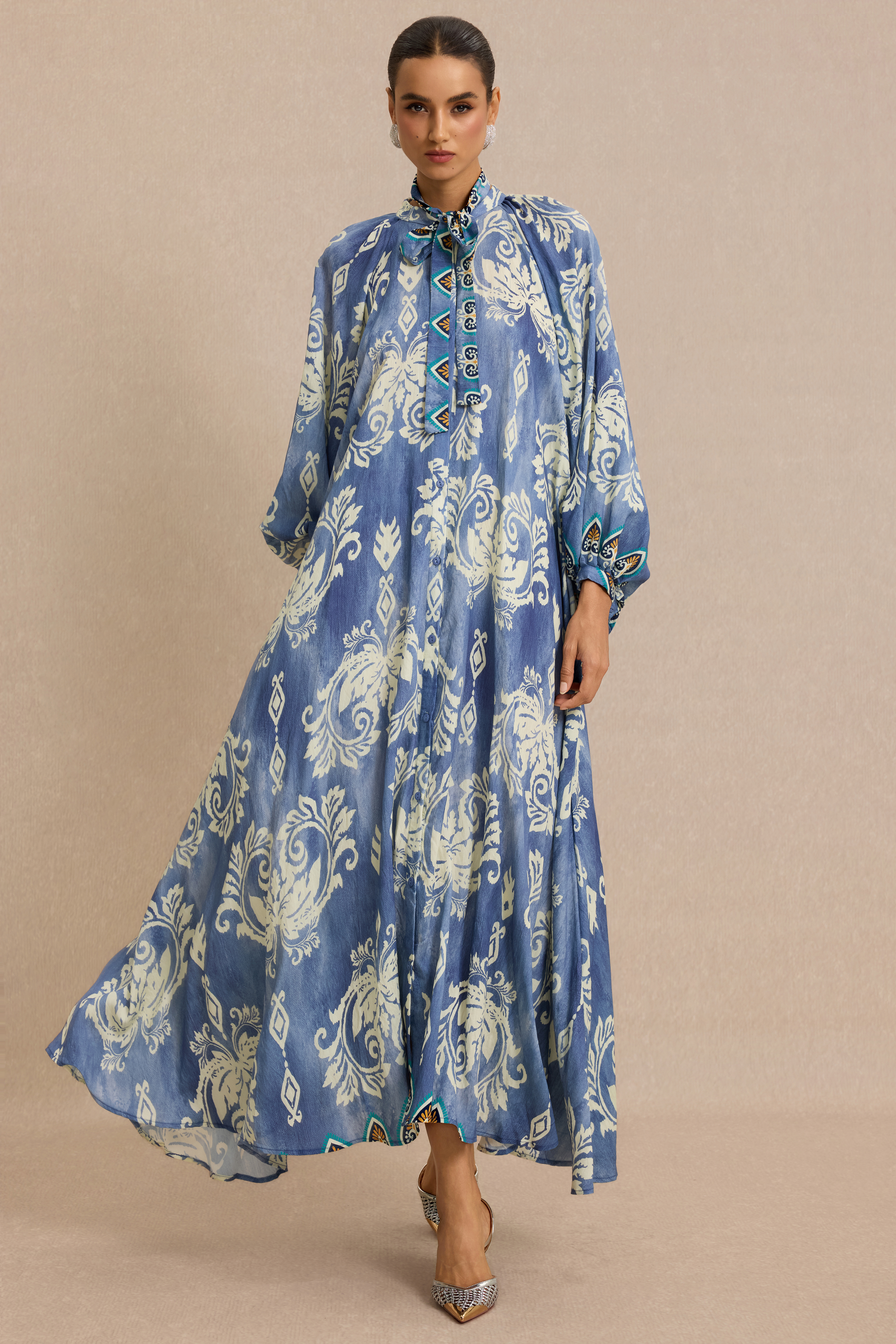 Paisley Print Lace-Up Lantern Sleeve Midi Dress