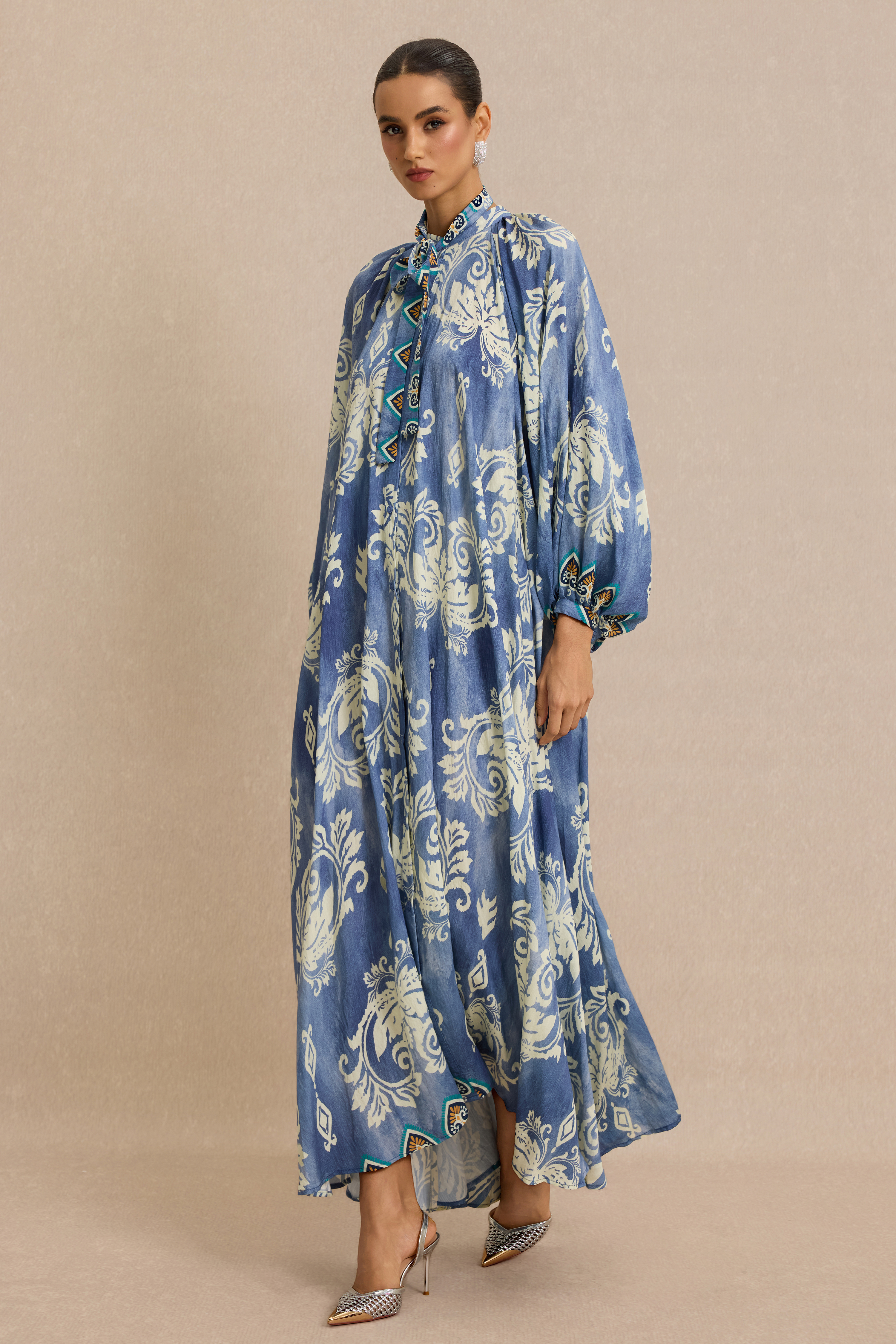 Paisley Print Lace-Up Lantern Sleeve Midi Dress