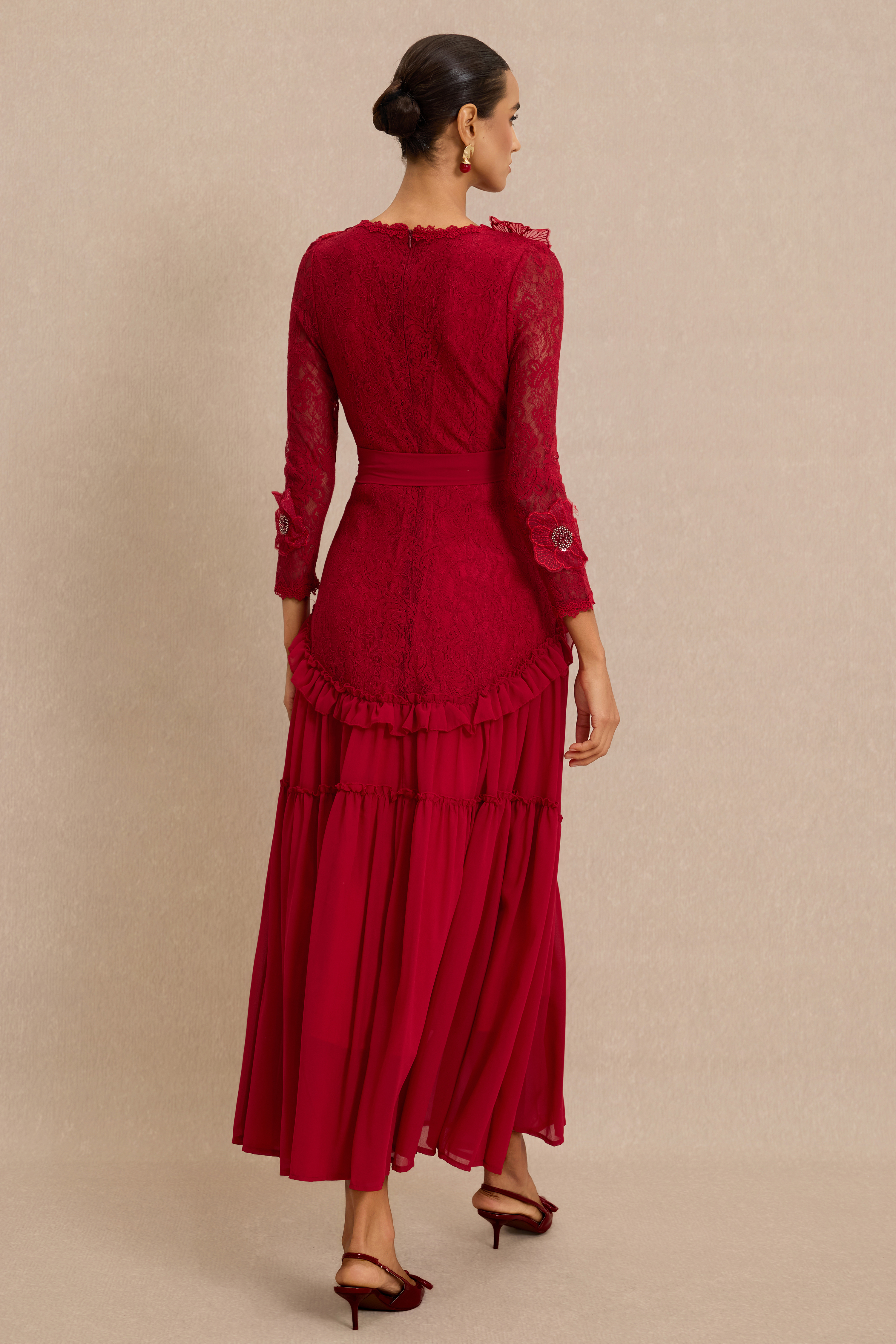 3D Flower Frill Midi Dress With Belt