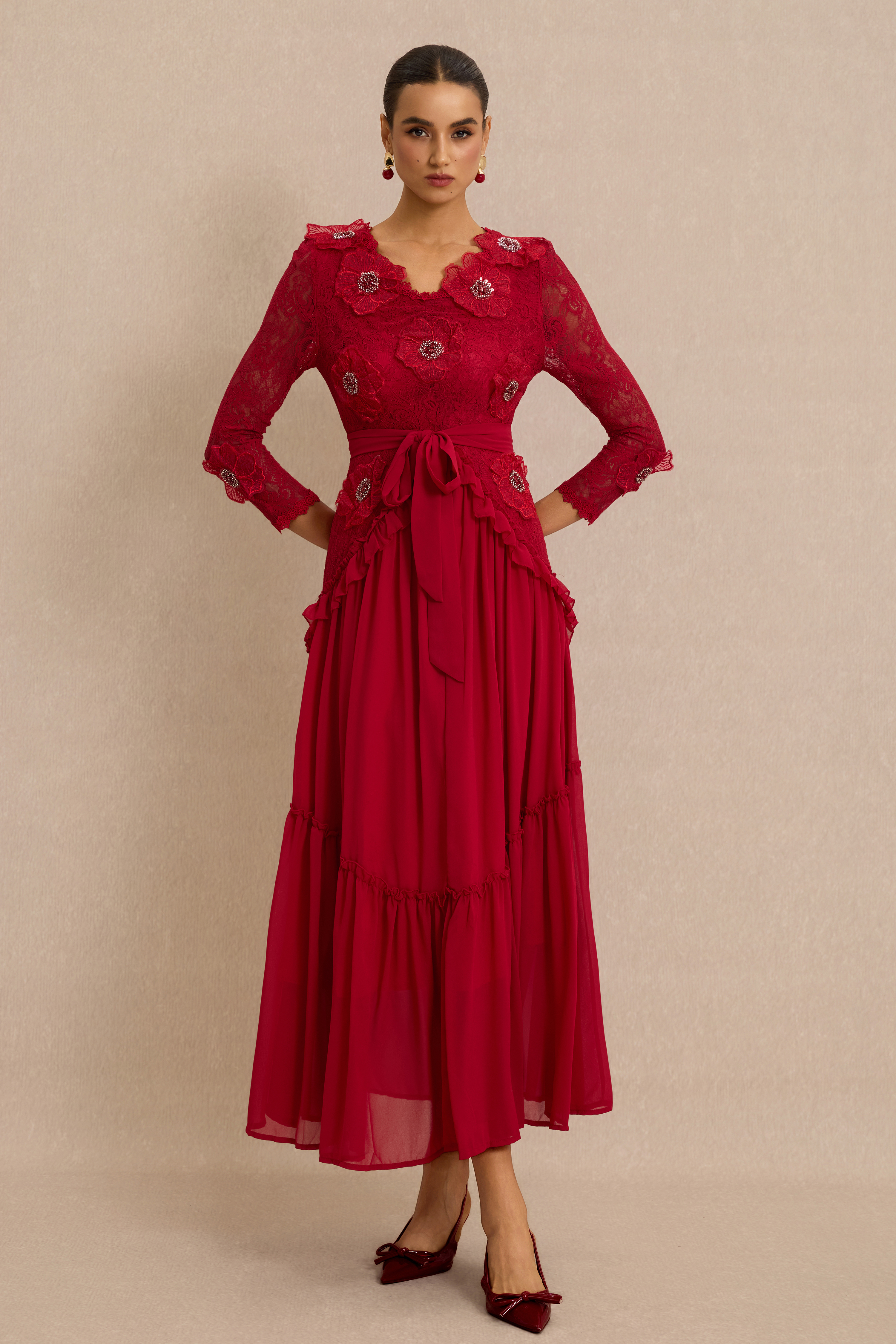 3D Flower Frill Midi Dress With Belt
