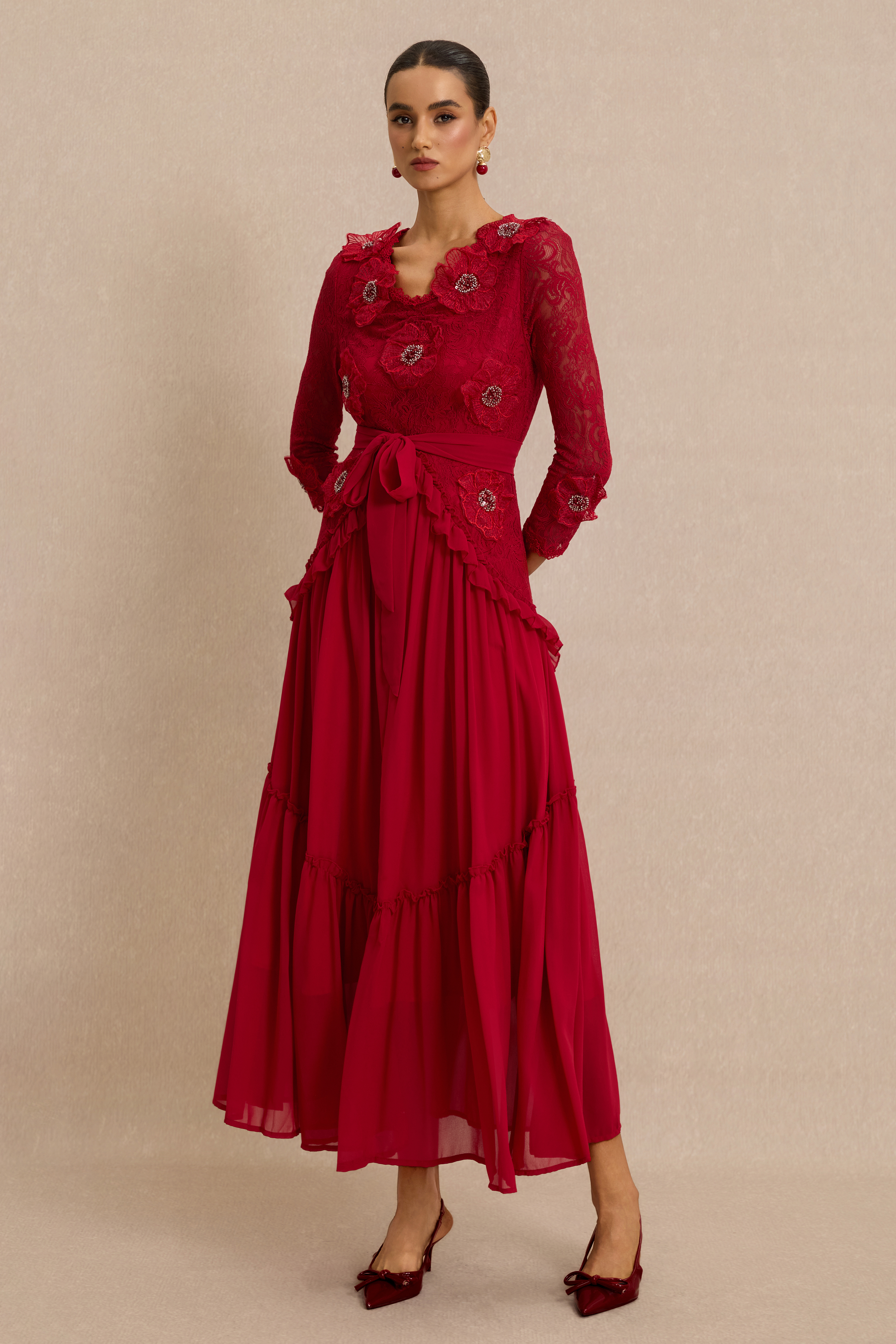 3D Flower Frill Midi Dress With Belt