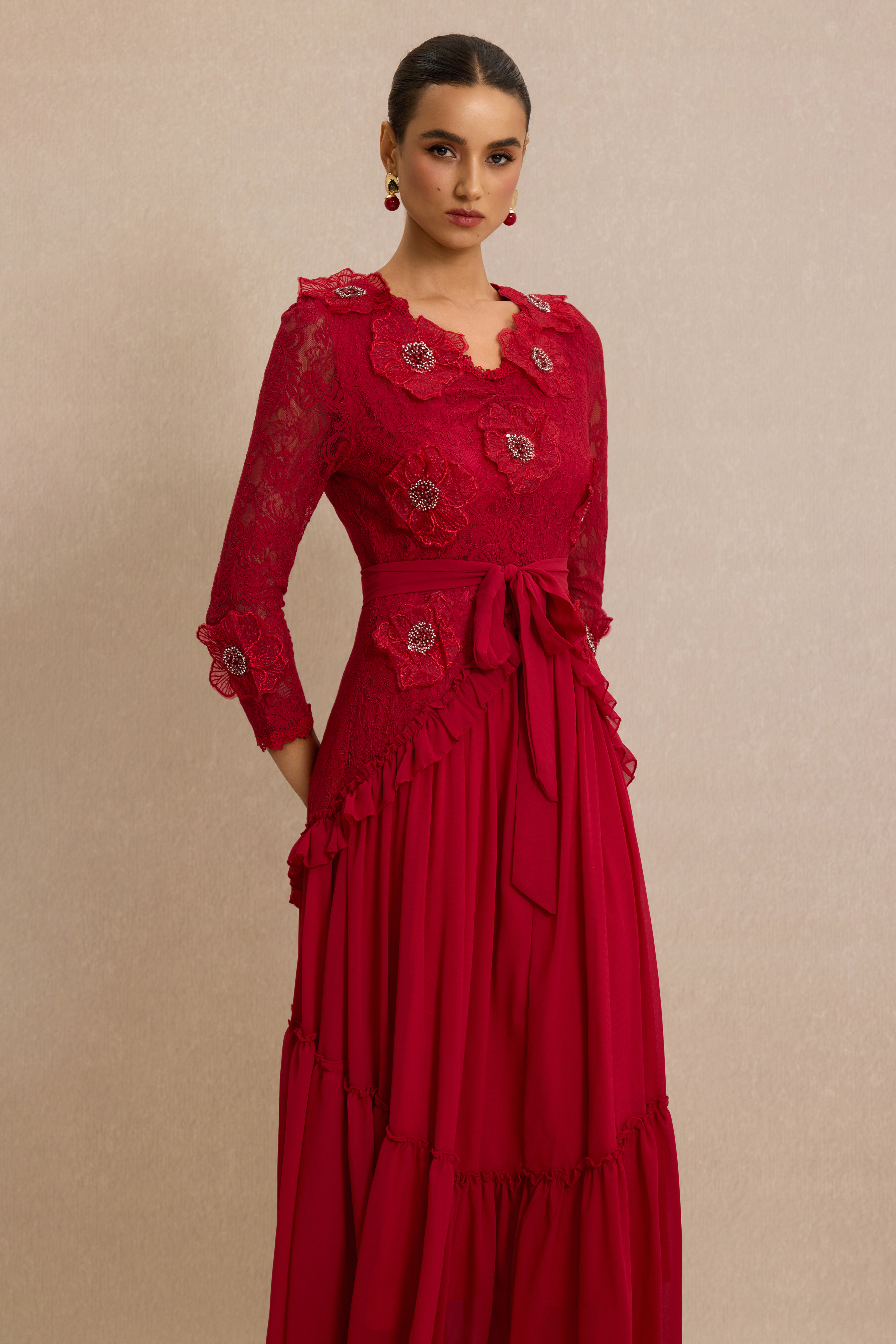 3D Flower Frill Midi Dress With Belt