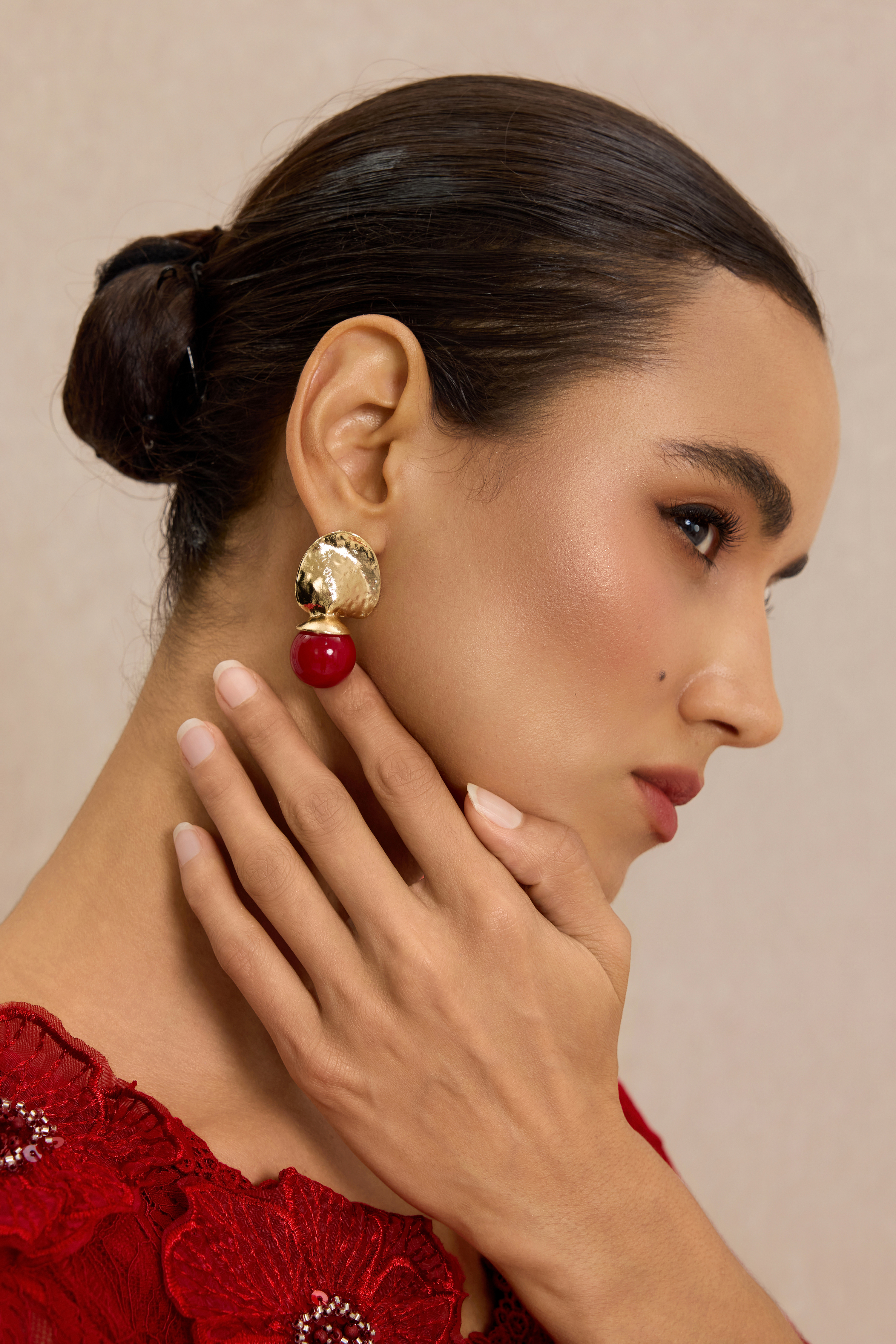 Hammered Gold Disc Red Bead Drop Earrings