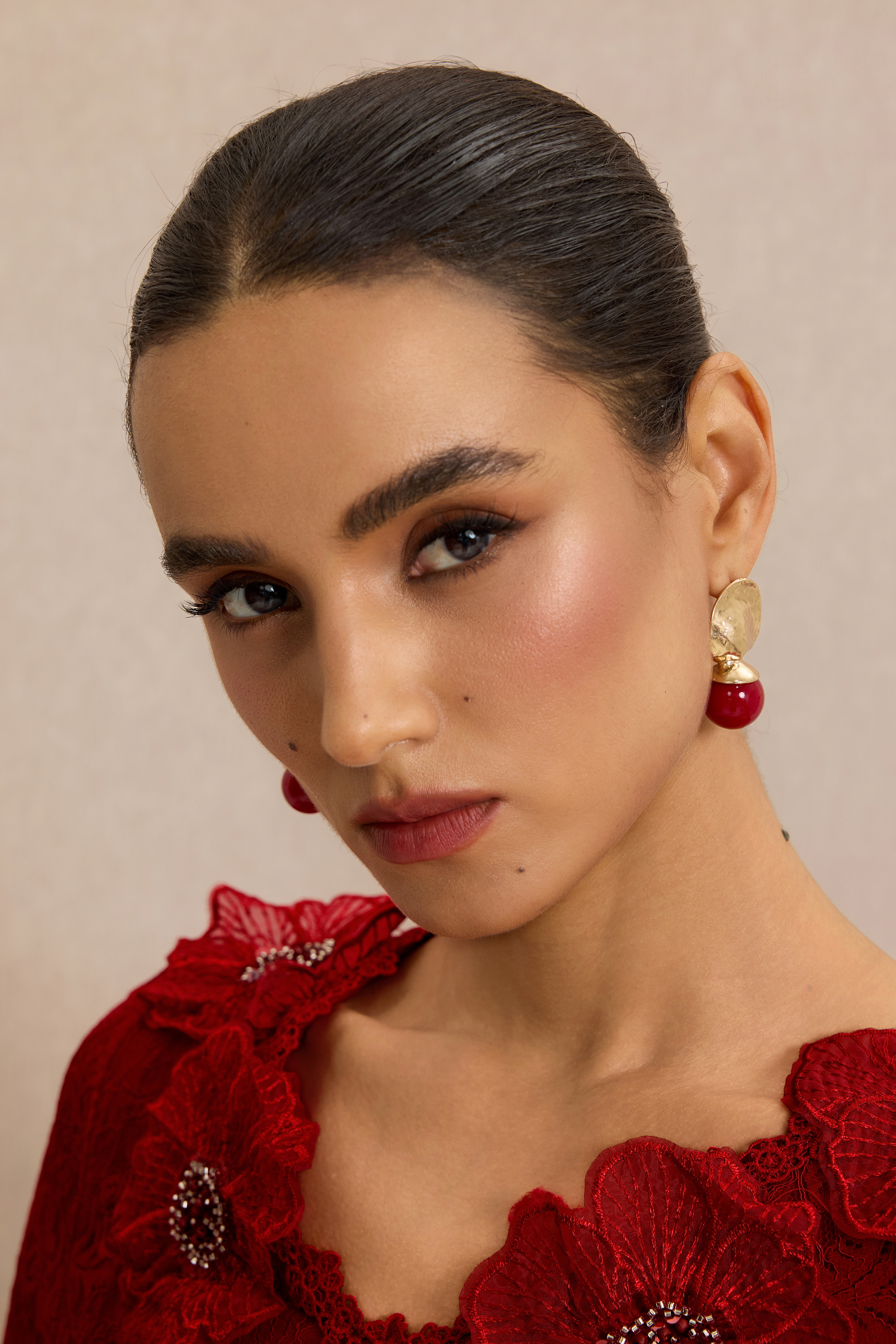 Hammered Gold Disc Red Bead Drop Earrings