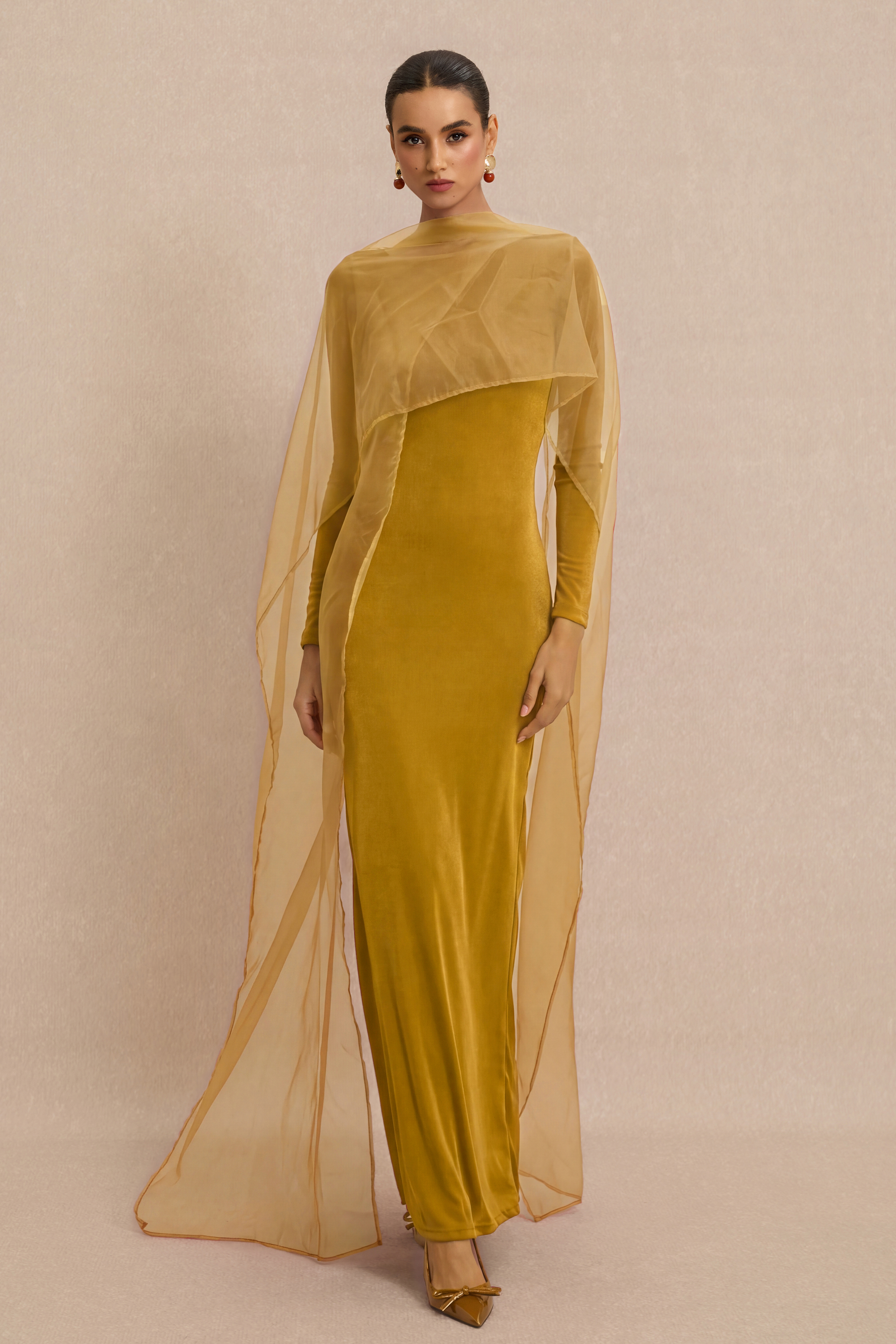 Jersey Cape Boat Neck Maxi Dress
