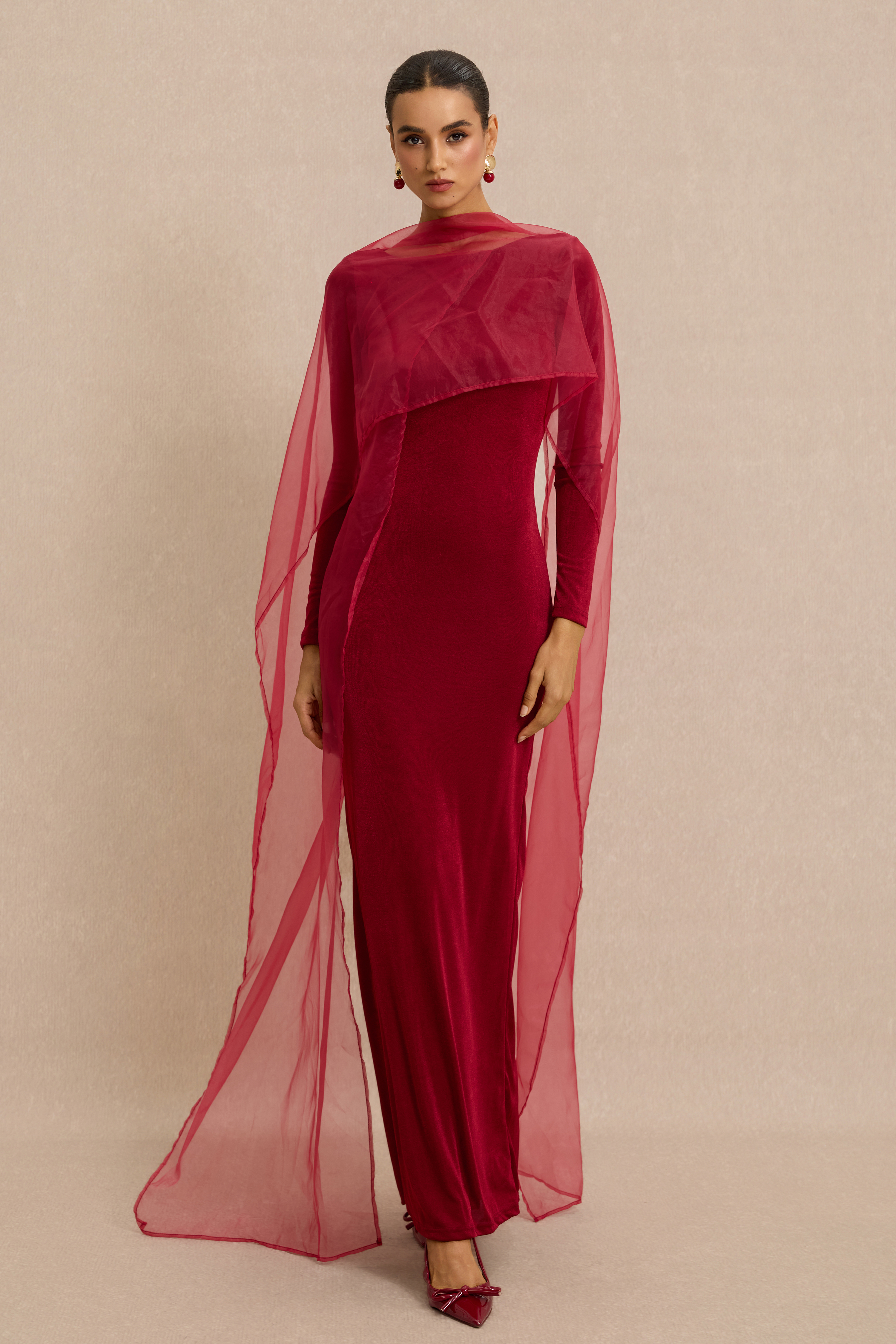 Jersey Cape Boat Neck Maxi Dress