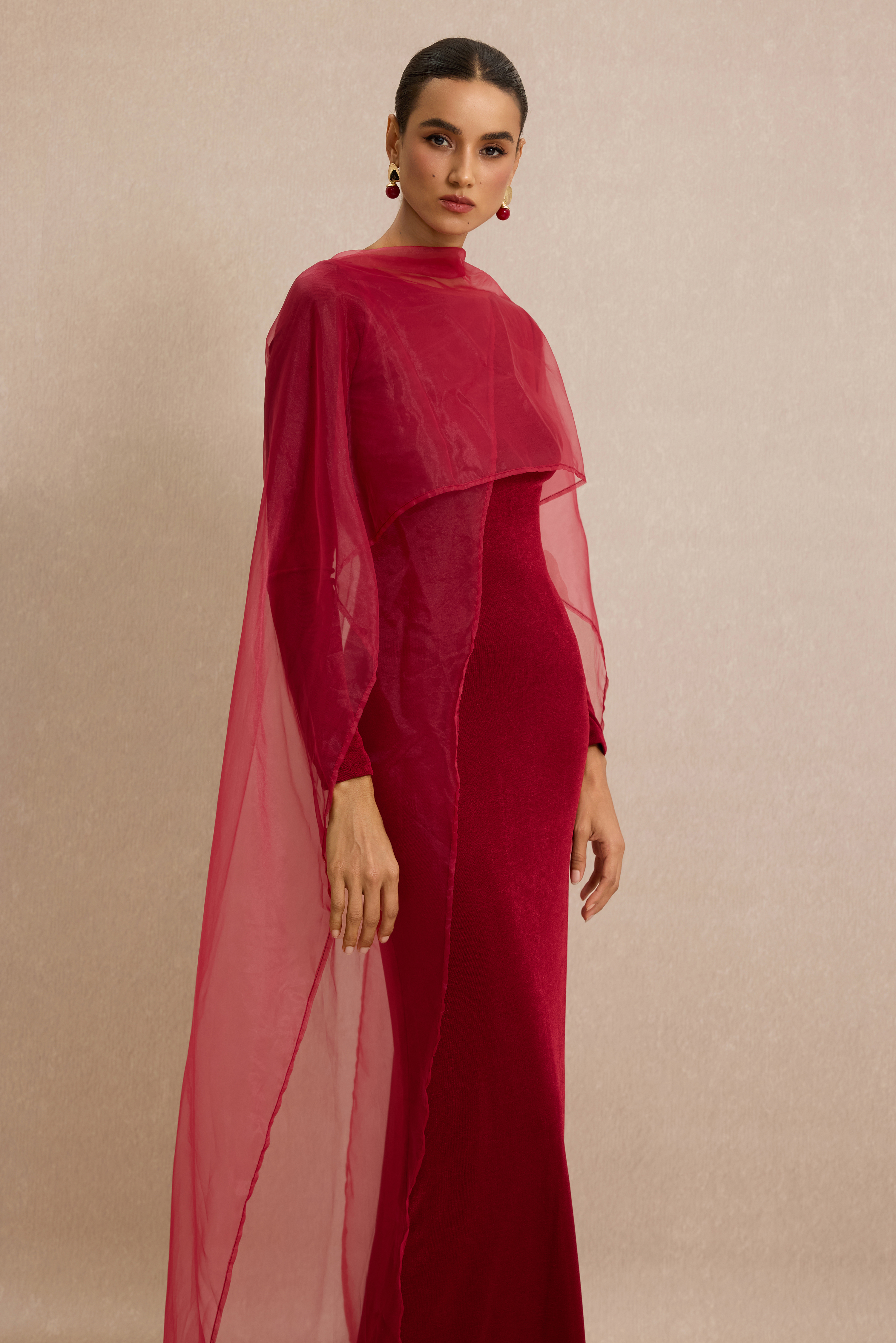 Jersey Cape Boat Neck Maxi Dress