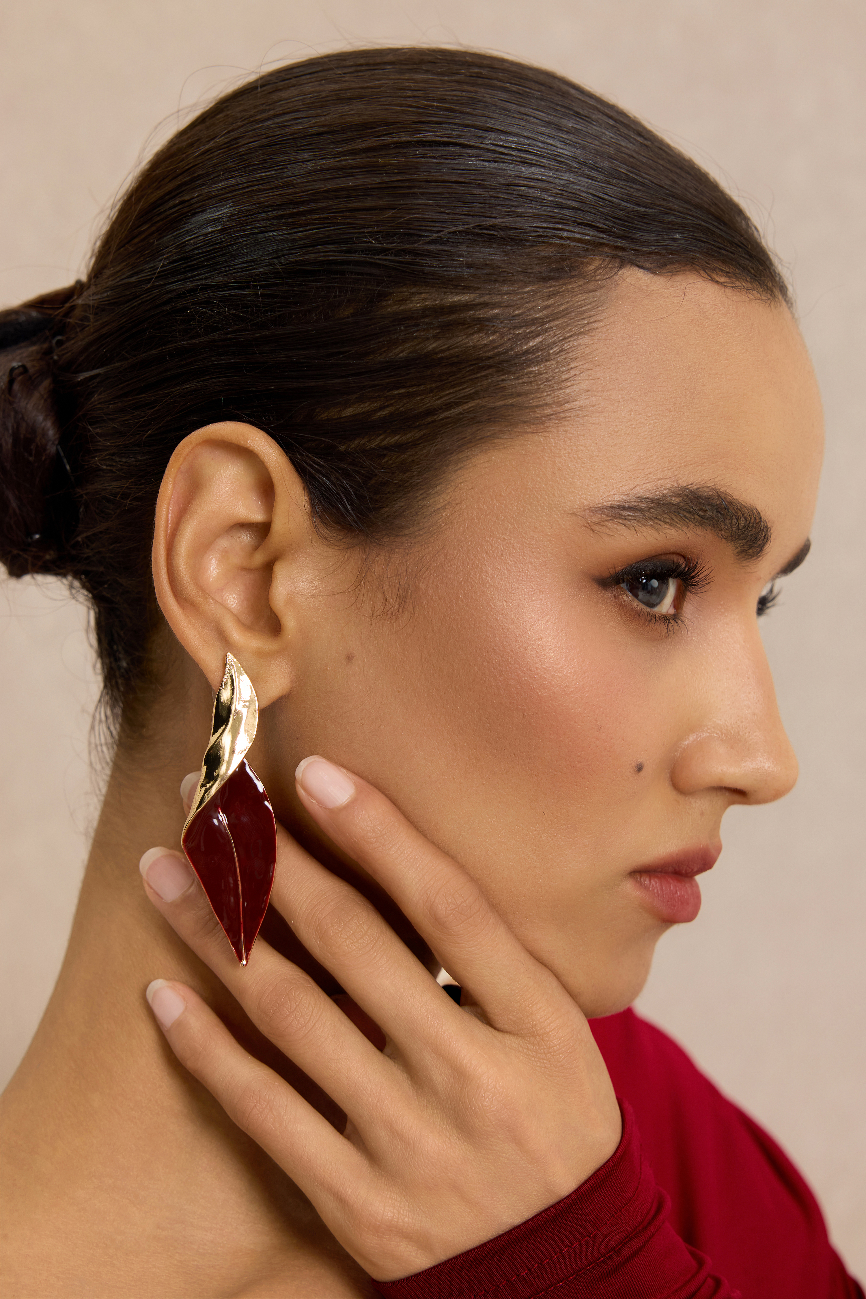 Twisted Gold Burgundy Enamel Leaf Drop Earrings
