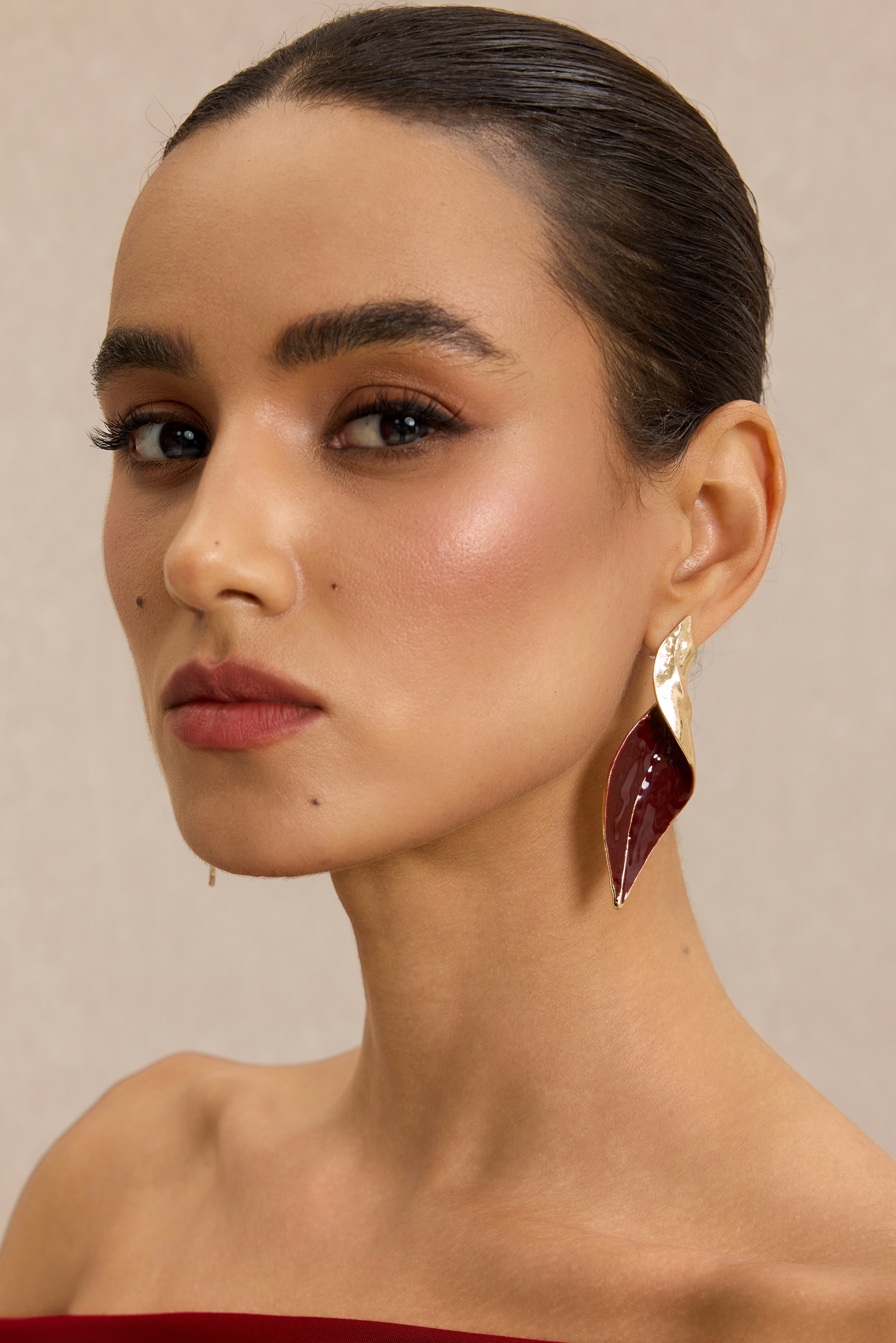 Twisted Gold Burgundy Enamel Leaf Drop Earrings