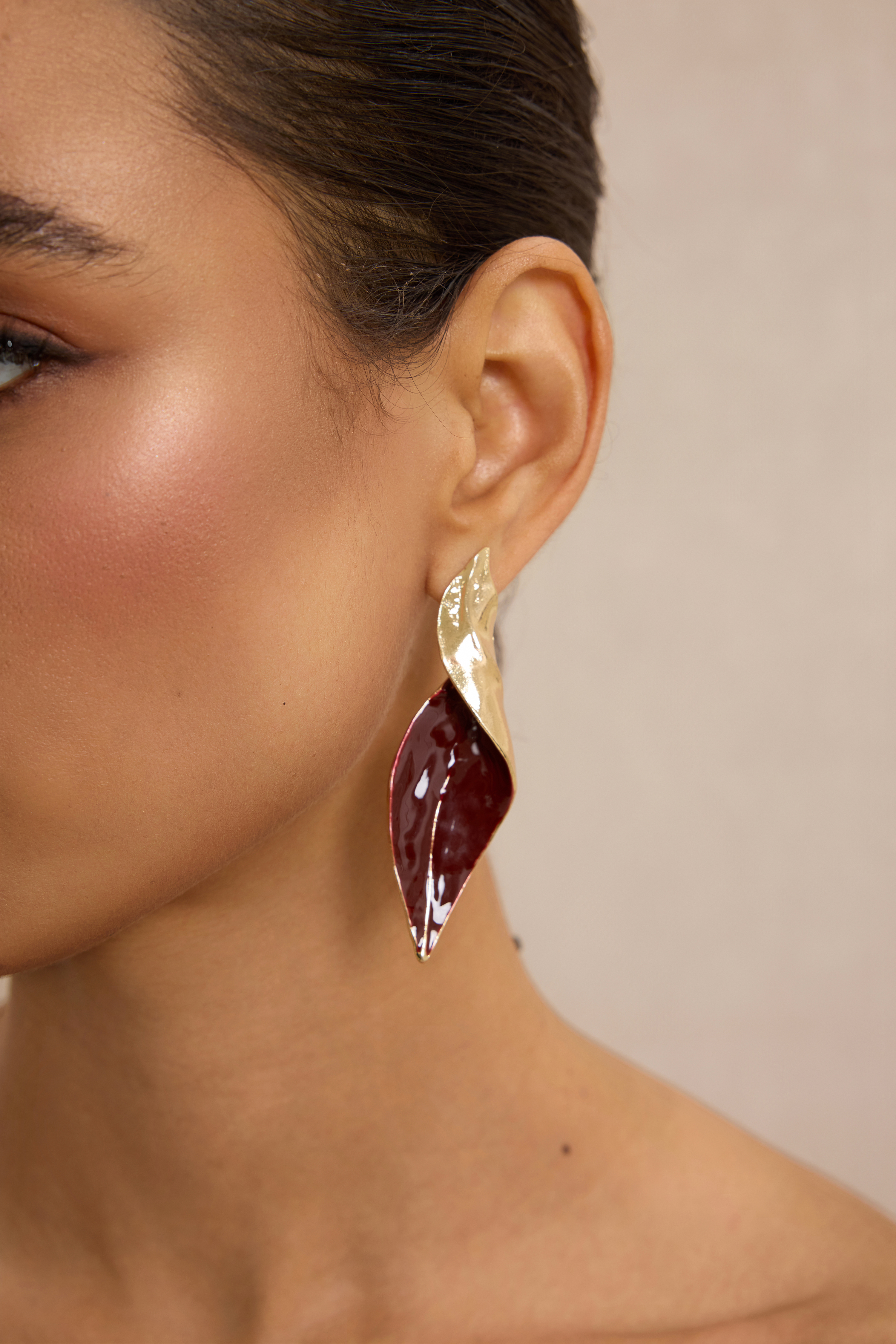 Twisted Gold Burgundy Enamel Leaf Drop Earrings