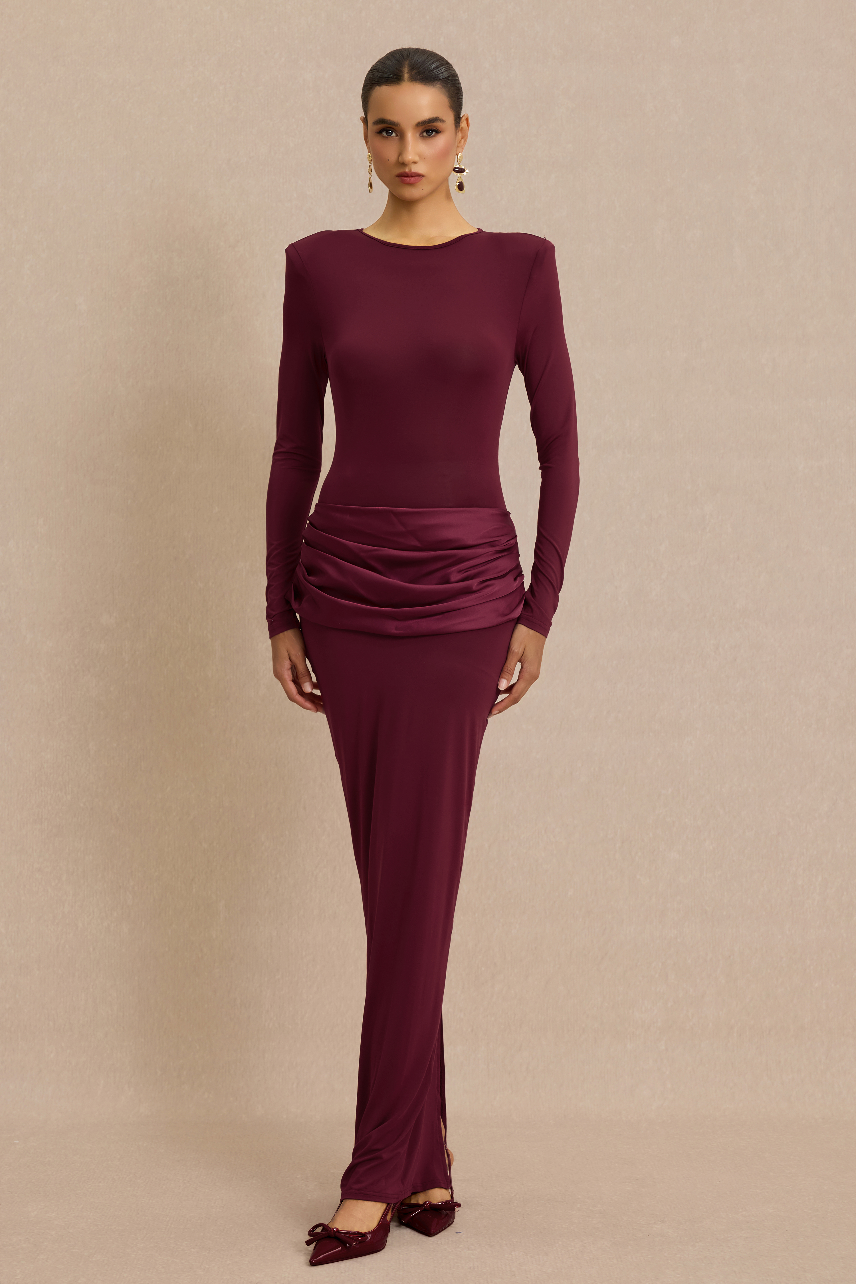 Jersey Splicing Satin Long Sleeve Maxi Dress