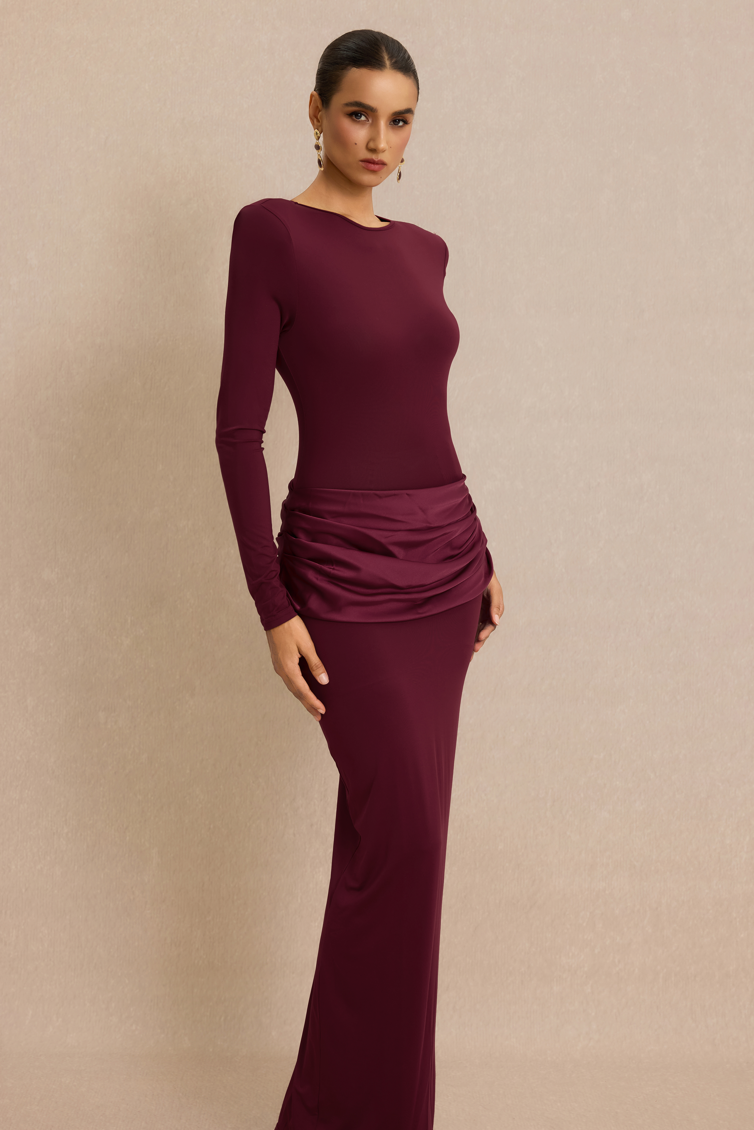 Jersey Splicing Satin Long Sleeve Maxi Dress