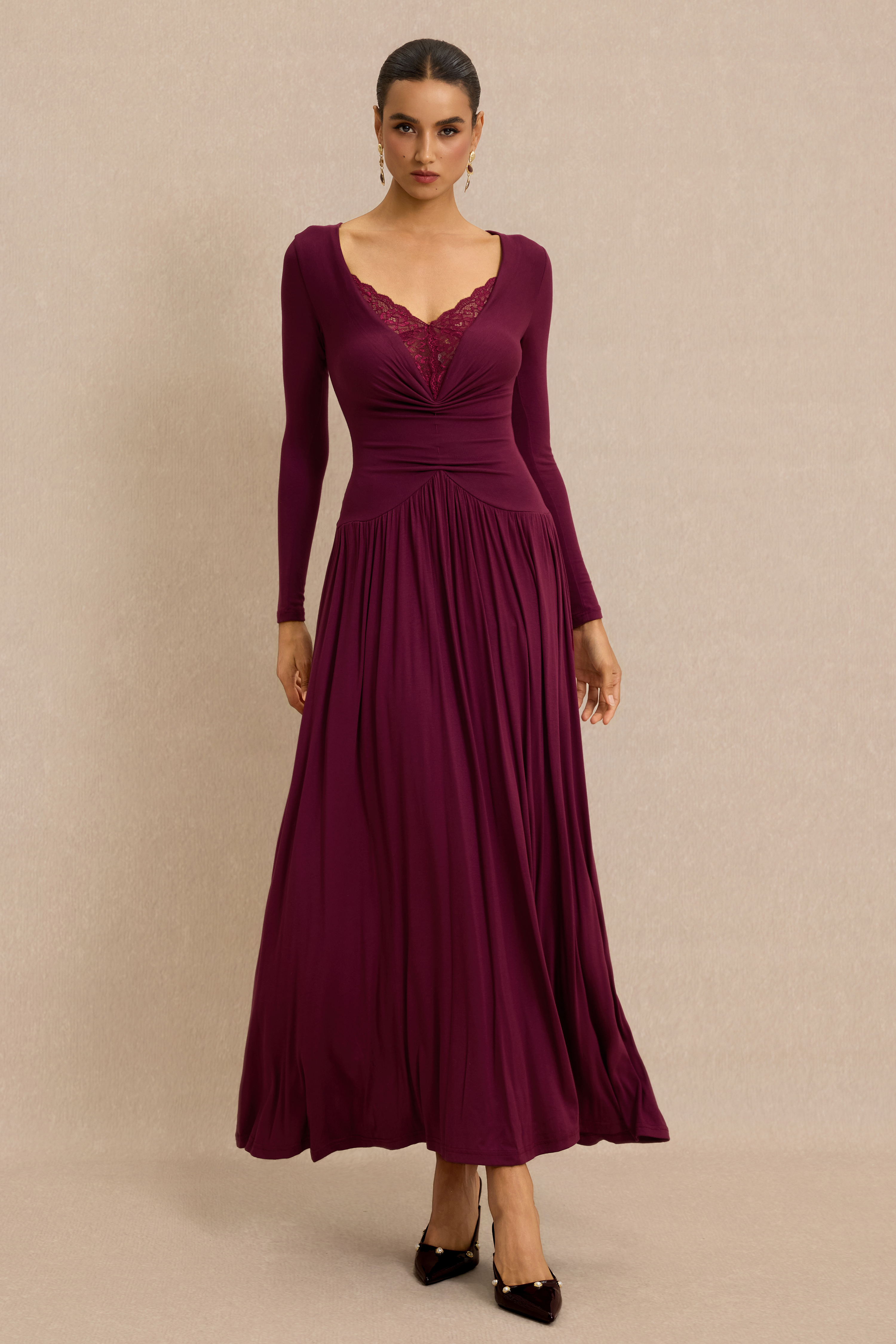 Lace Splicing V-Neck Midi Dress