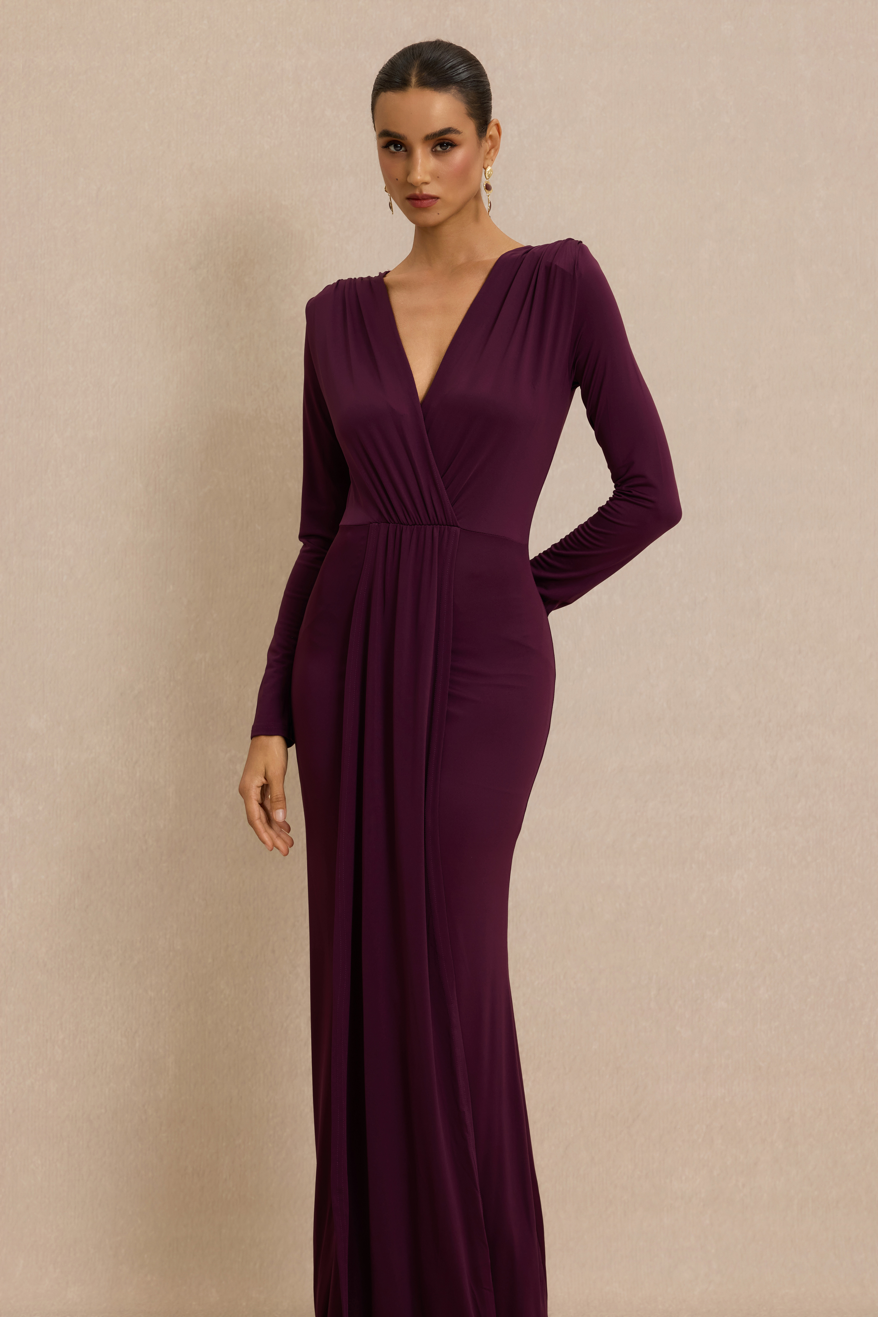 Jersey Draped Long Sleeve Midi Dress