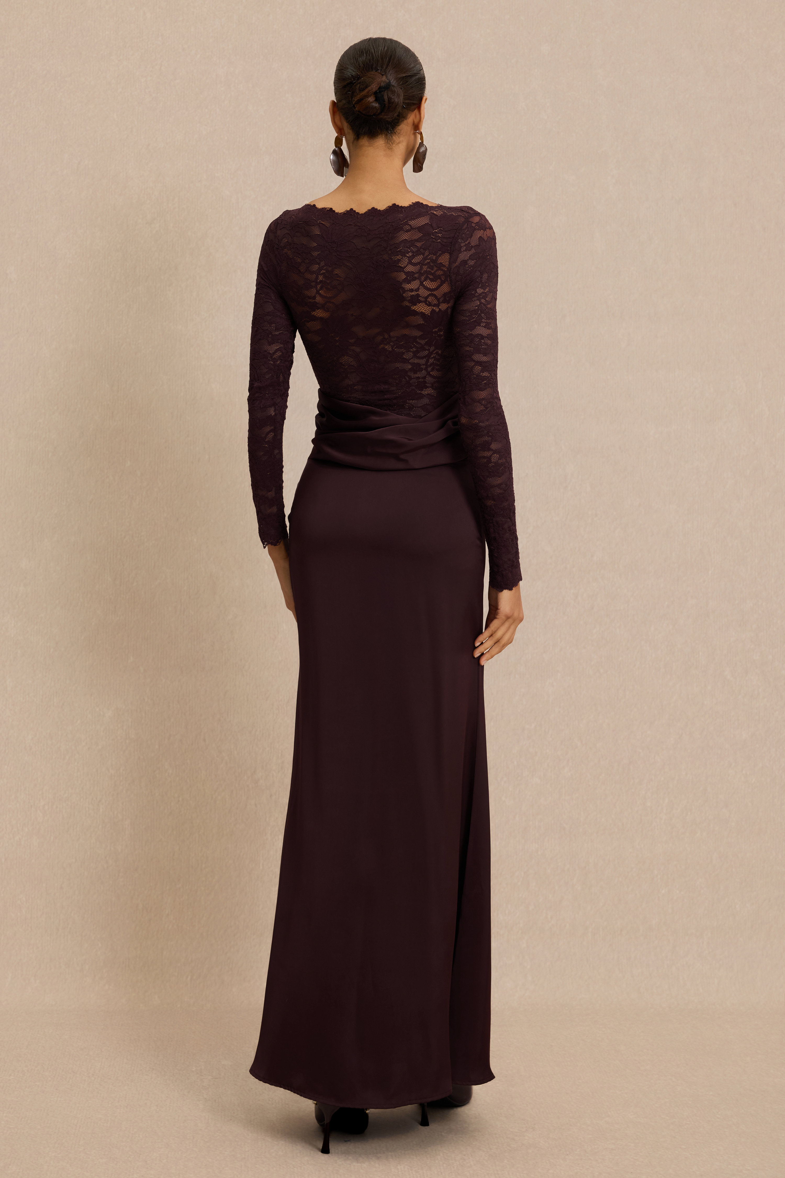 Lace Splicing Satin Long Sleeve Maxi Dress