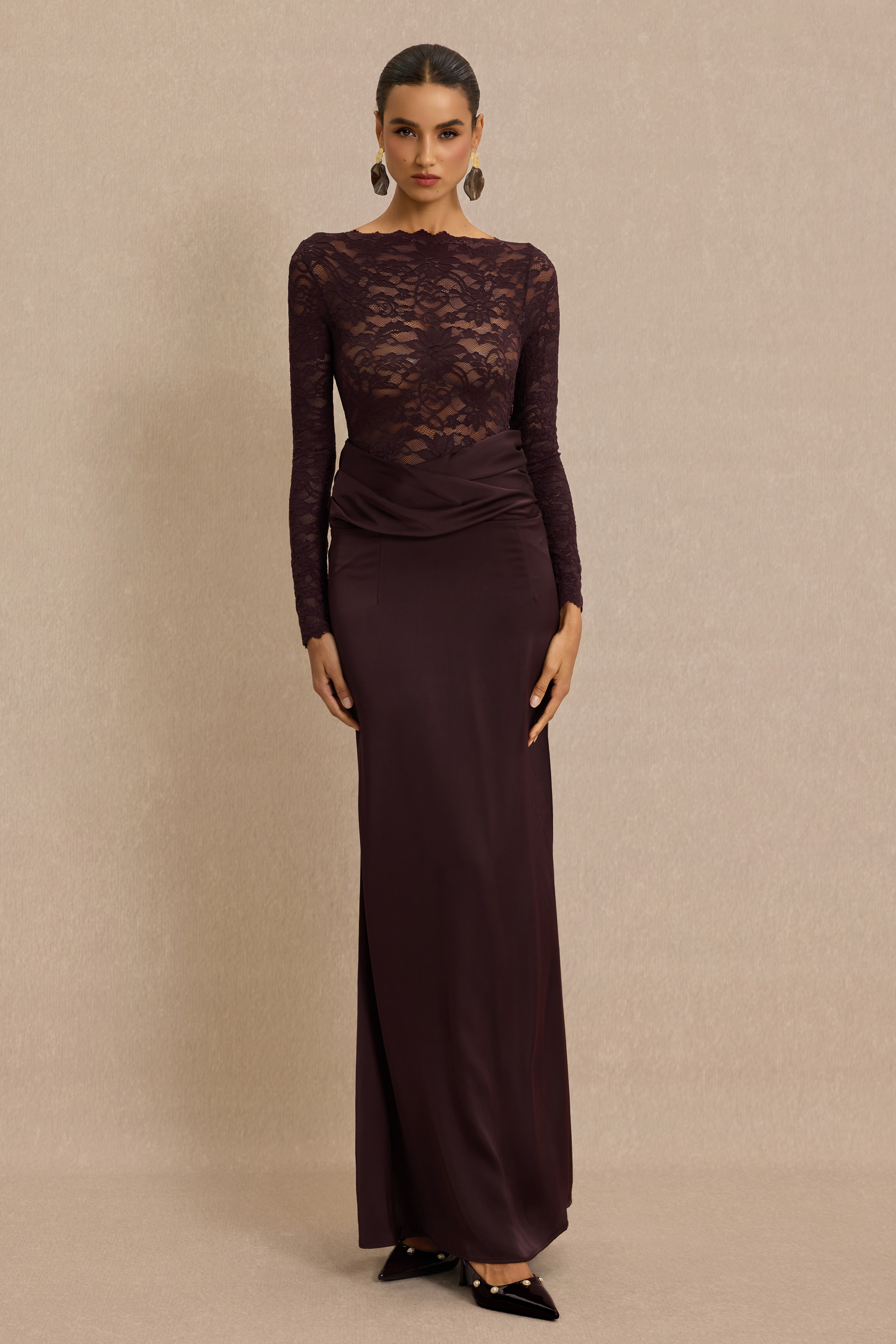 Lace Splicing Satin Long Sleeve Maxi Dress
