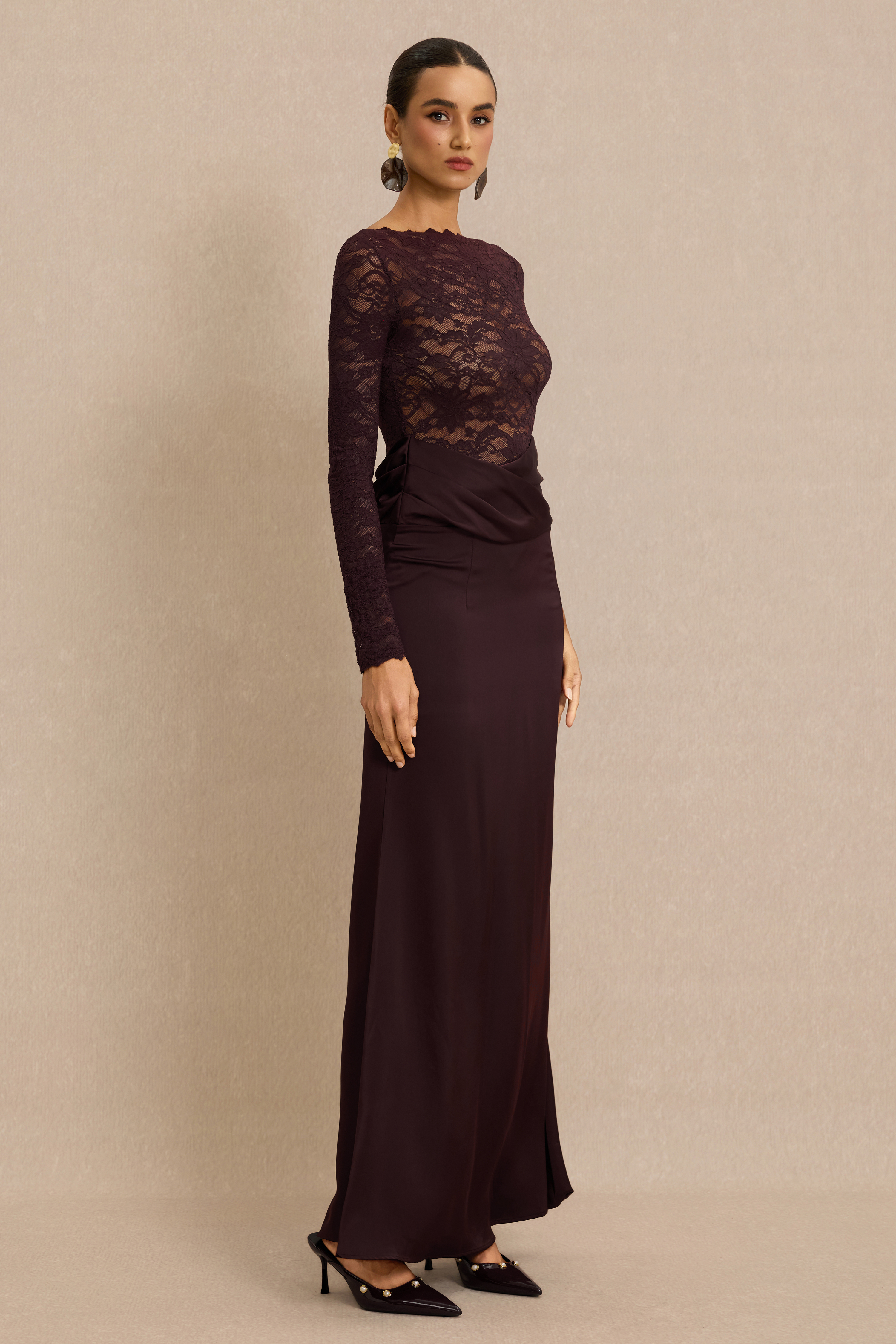 Lace Splicing Satin Long Sleeve Maxi Dress