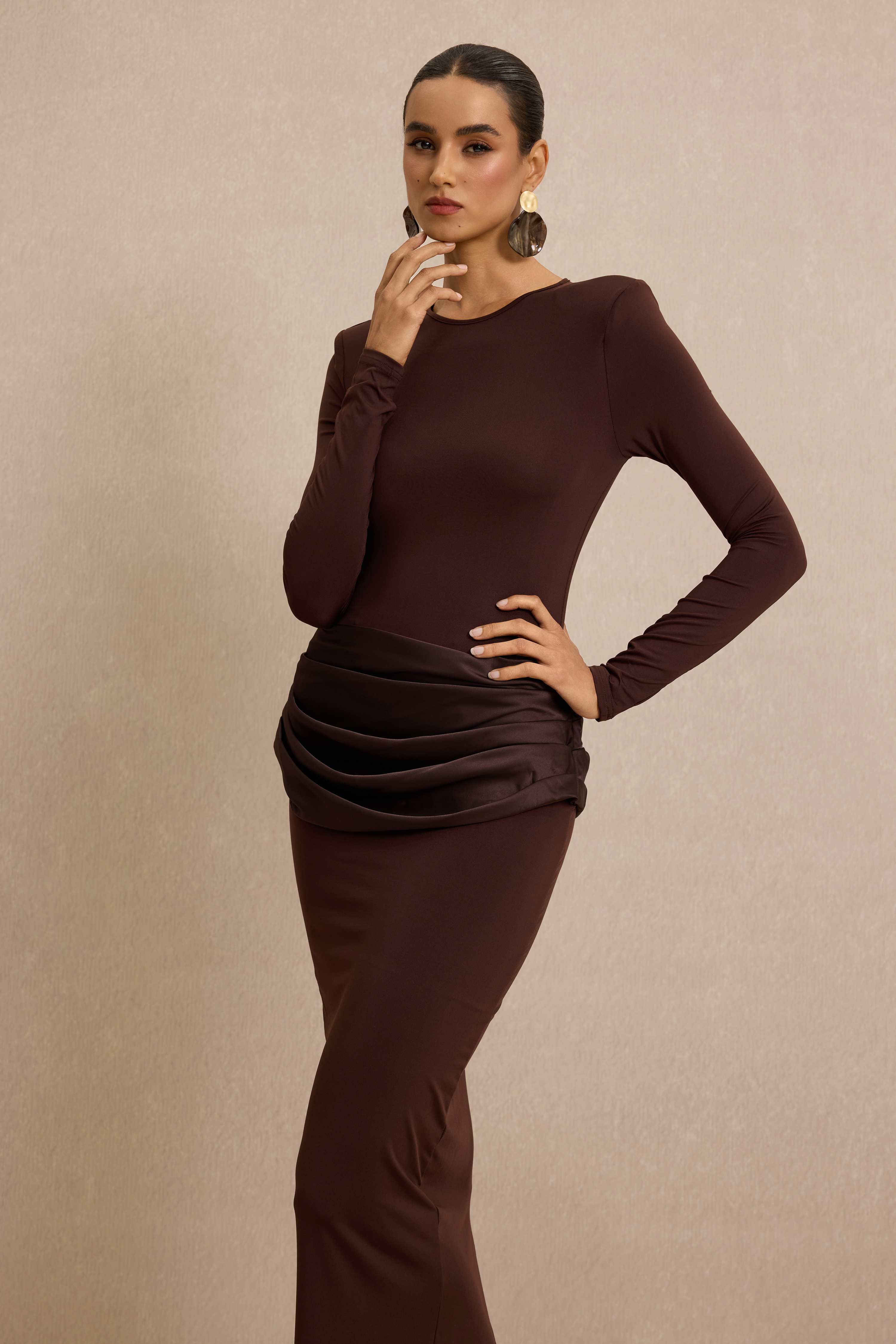 Jersey Splicing Satin Long Sleeve Maxi Dress