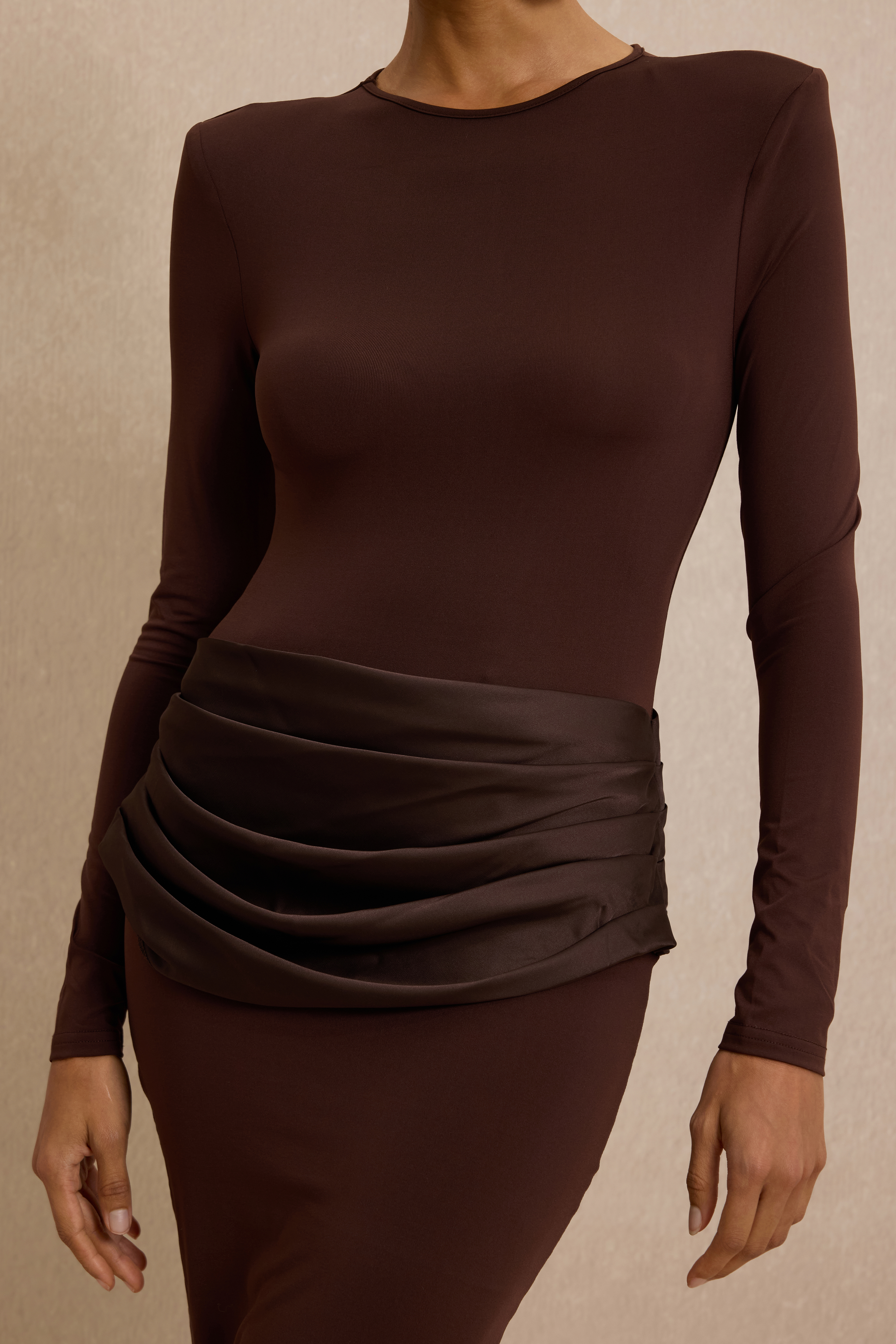 Jersey Splicing Satin Long Sleeve Maxi Dress