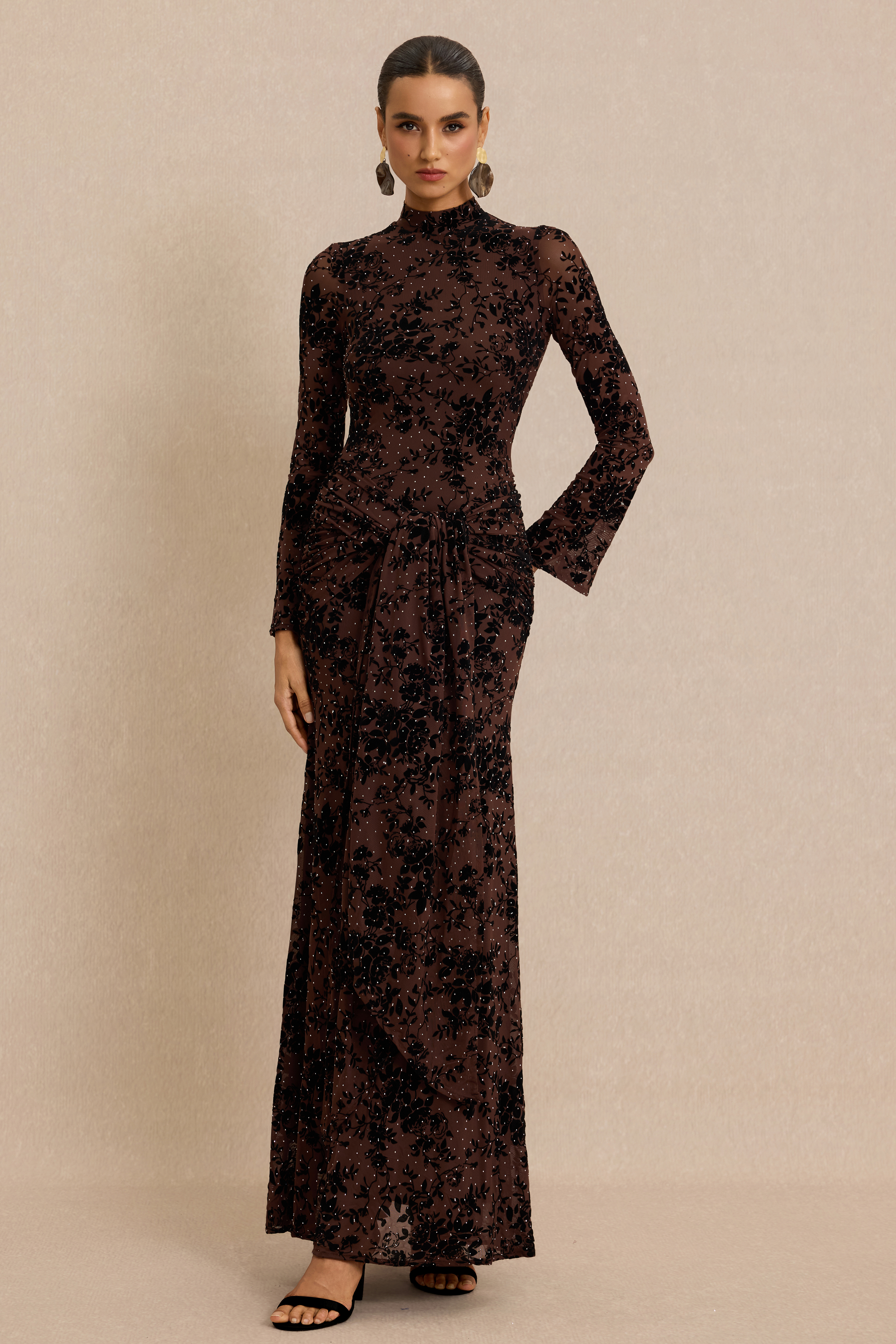 Burn-Out Rhinestone Ruched Maxi Dress