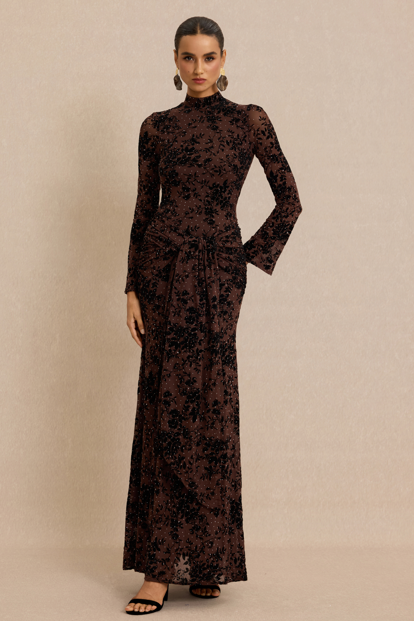 Burn-Out Rhinestone Ruched Maxi Dress