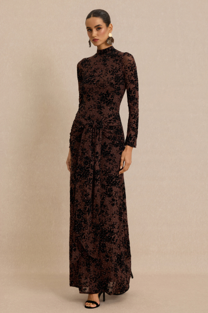 Burn-Out Rhinestone Ruched Maxi Dress