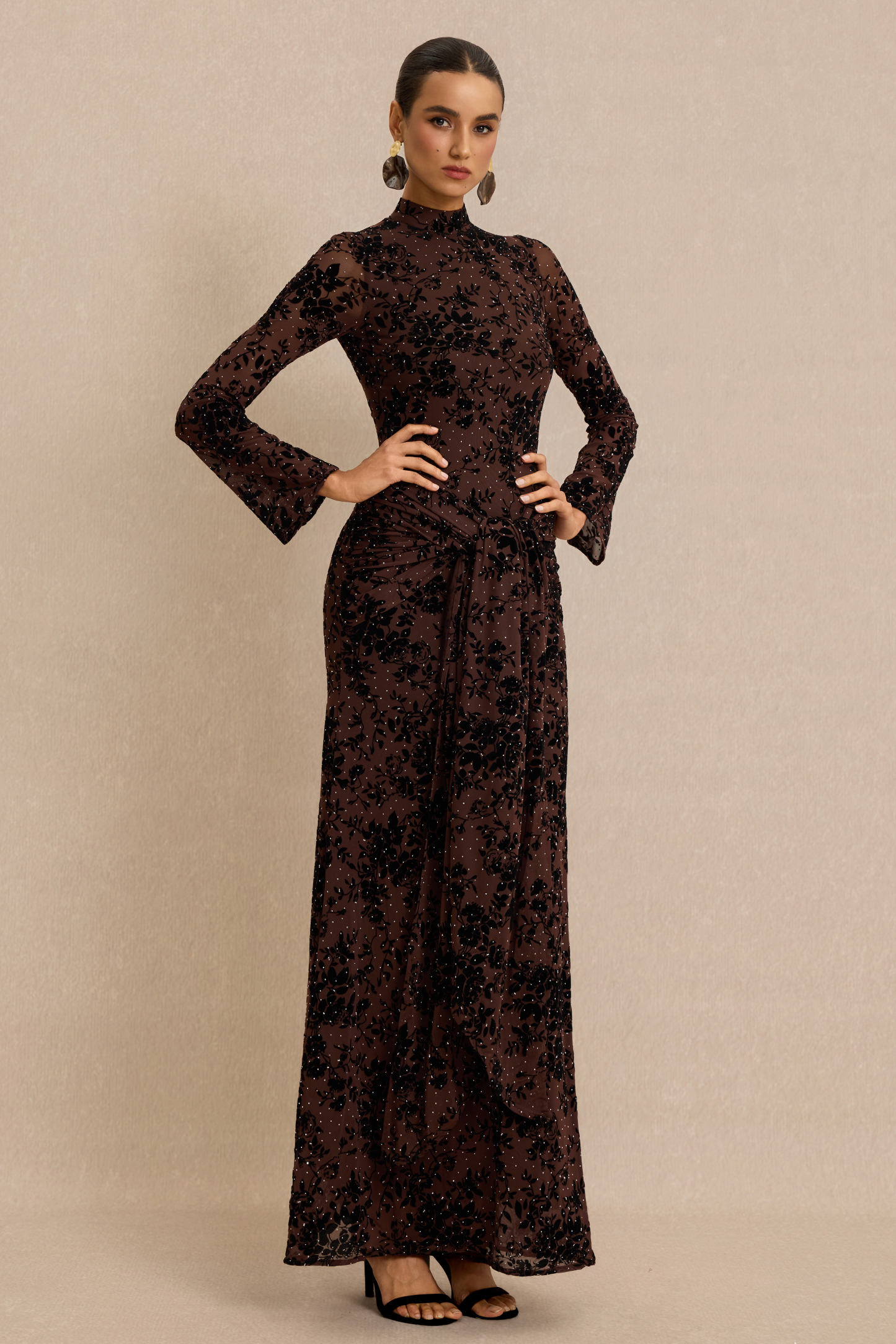 Burn-Out Rhinestone Ruched Maxi Dress