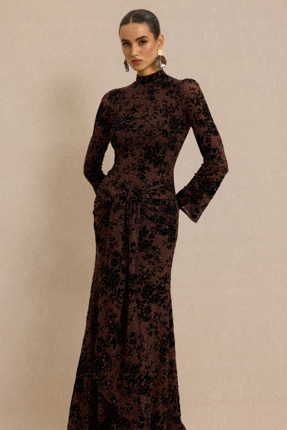 Burn-Out Rhinestone Ruched Maxi Dress