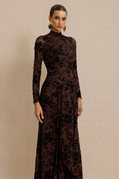 Burn-Out Rhinestone Ruched Maxi Dress