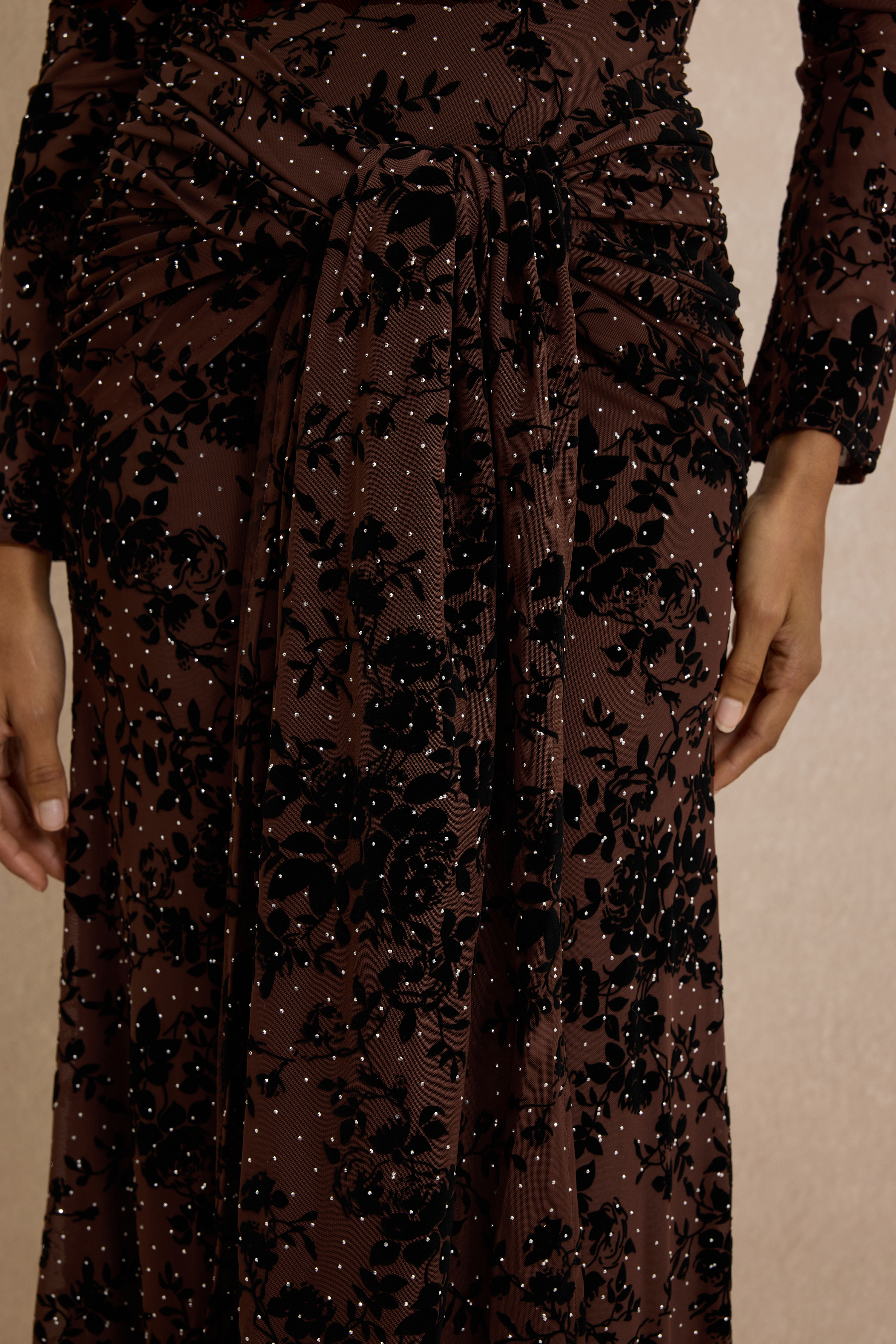 Burn-Out Rhinestone Ruched Maxi Dress