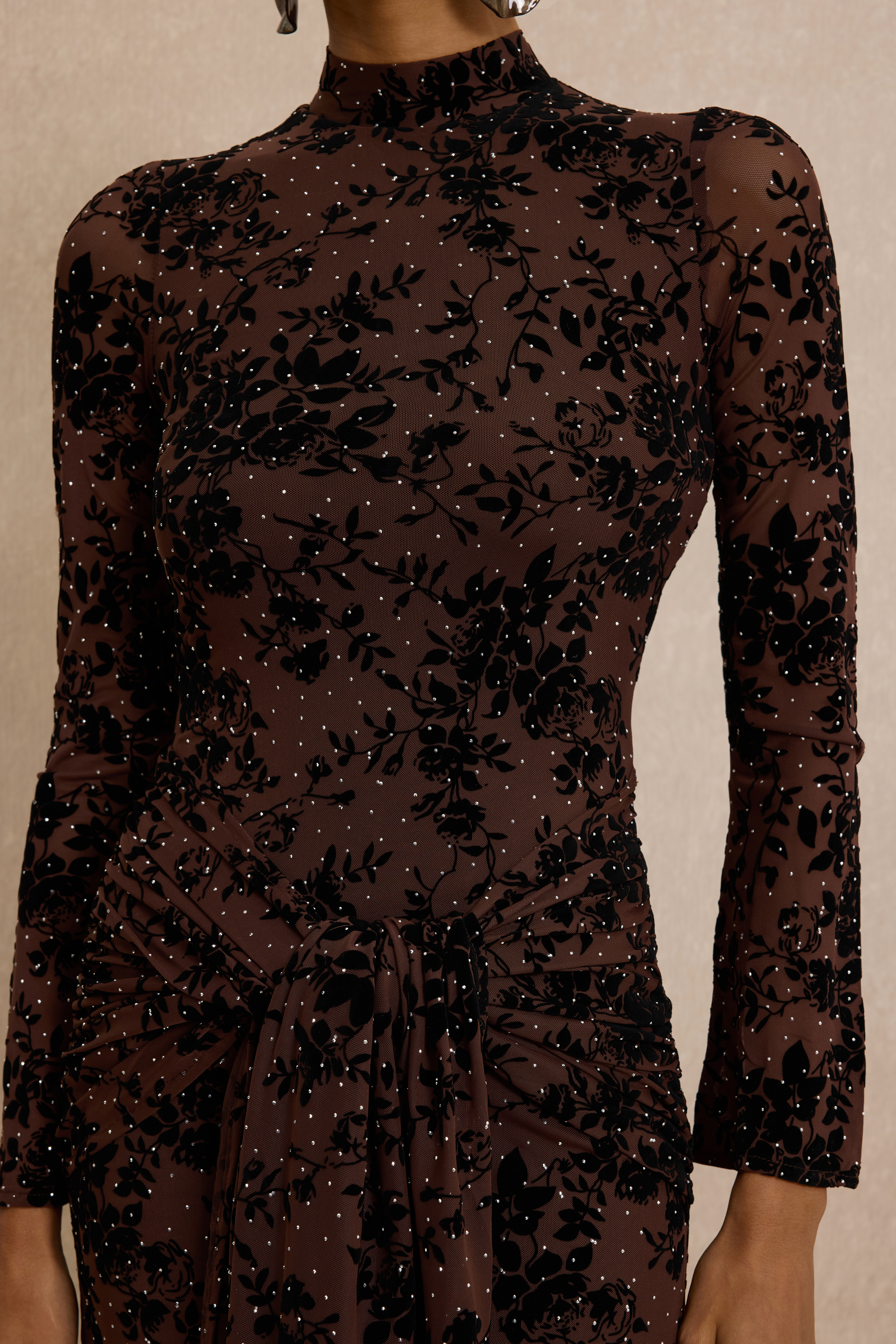 Burn-Out Rhinestone Ruched Maxi Dress