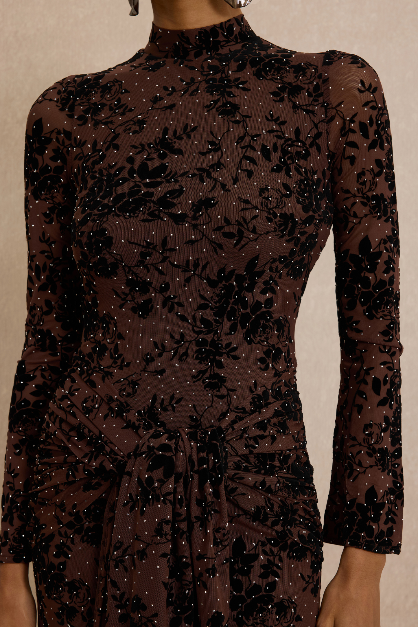 Burn-Out Rhinestone Ruched Maxi Dress