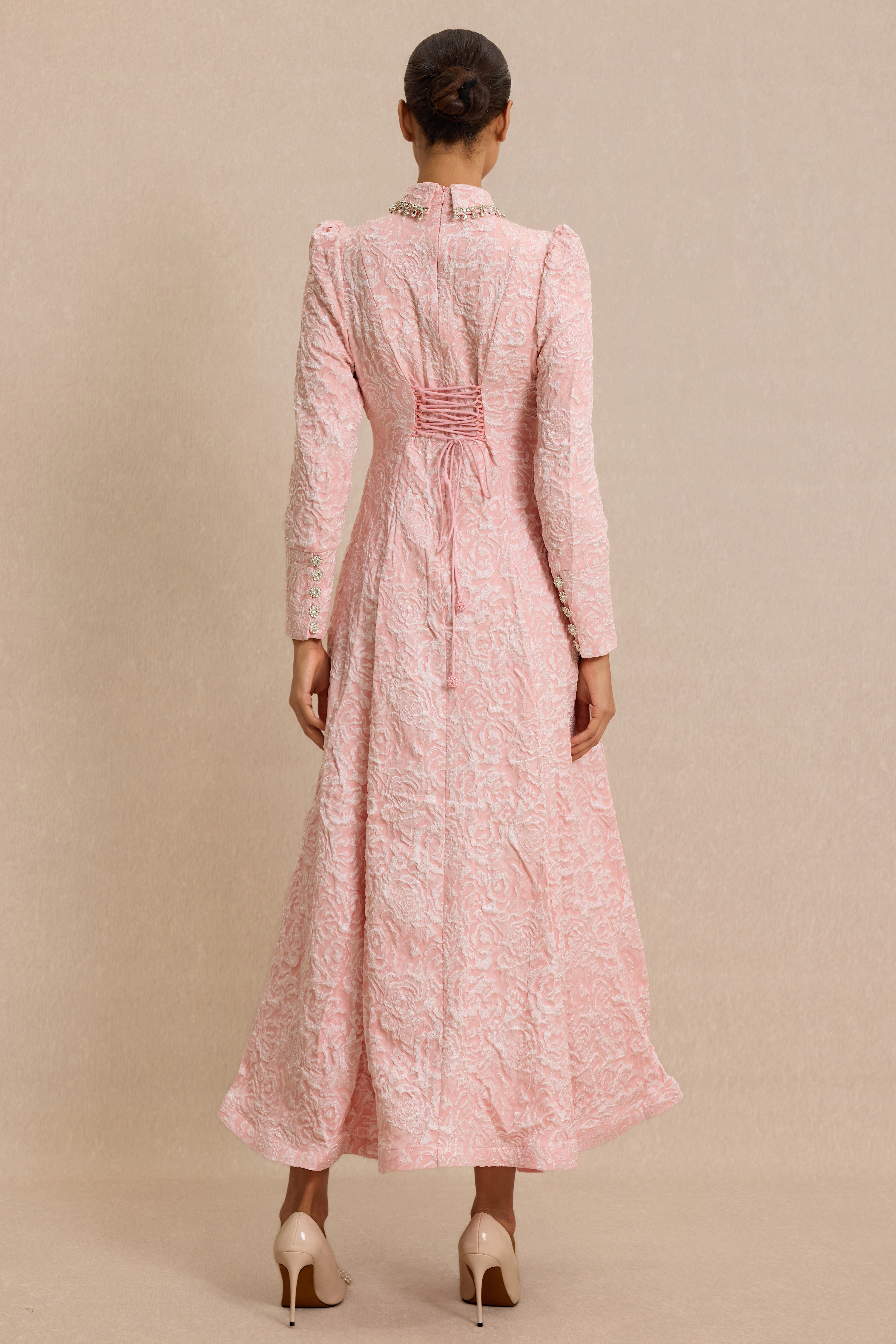 Jacquard Rhinestone Tie-Up Midi Dress